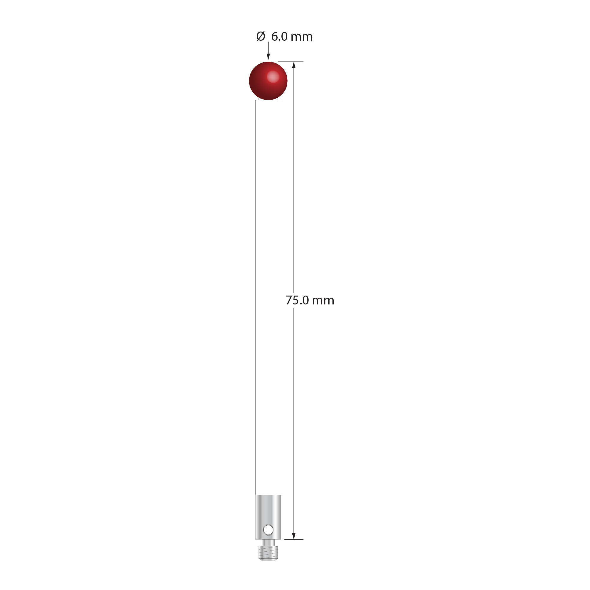 M3 stylus with 6.0 mm diameter ruby ball, 4.0 mm diameter ceramic stem, and 4.0 mm diameter x 7.0 mm long stainless steel base. Overall stylus length is 75.0 mm. Stylus weight is 3.83 grams.