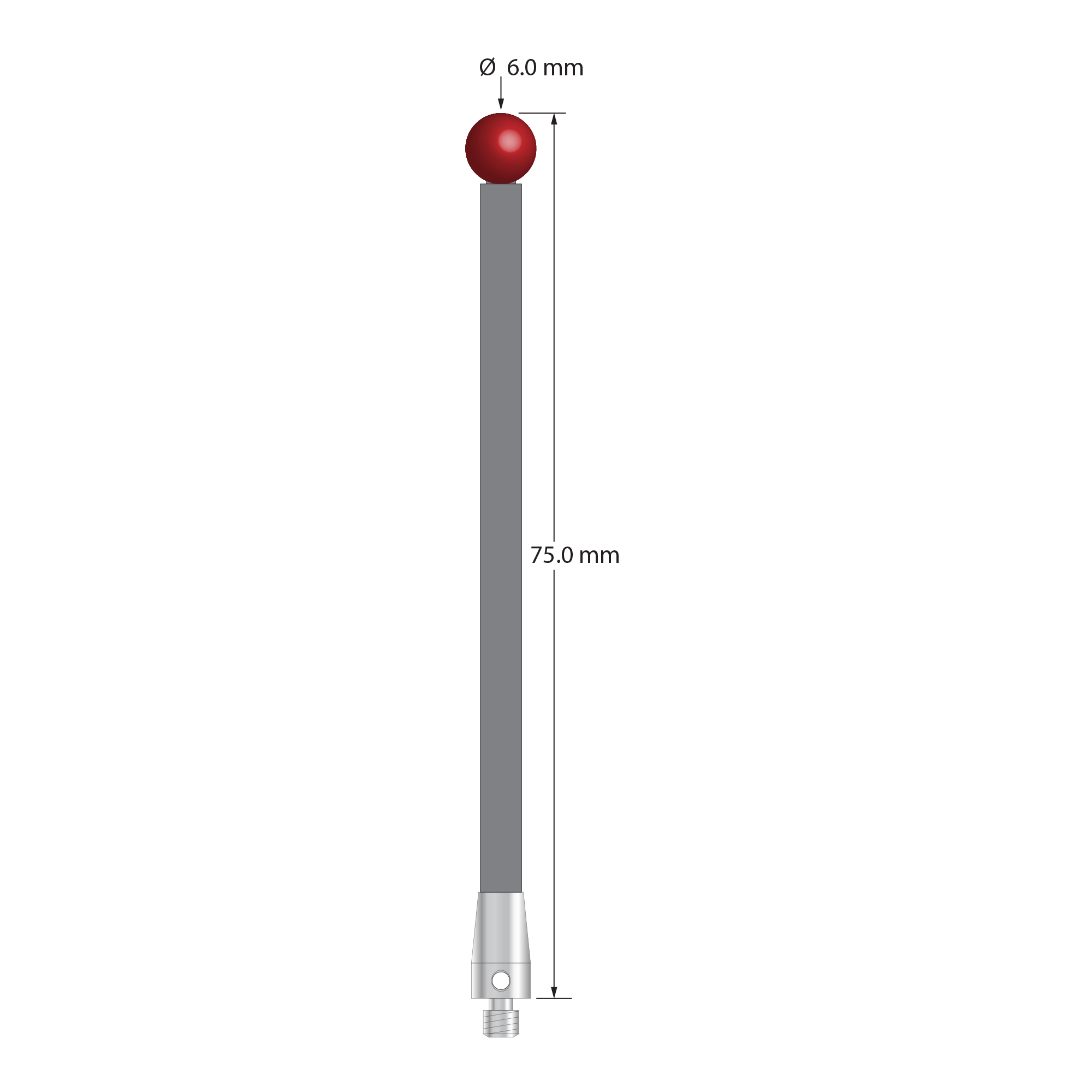 M3 stylus with 6.0 mm diameter ruby ball, 3.5 mm diameter carbon fiber stem, and 5.0 mm diameter x 9.0 mm long titanium base. Overall stylus length is 70.0 mm. Stylus weight is 1.70 grams.