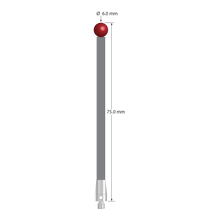 M3 stylus with 6.0 mm diameter ruby ball, 3.5 mm diameter carbon fiber stem, and 5.0 mm diameter x 9.0 mm long titanium base. Overall stylus length is 70.0 mm. Stylus weight is 1.70 grams.