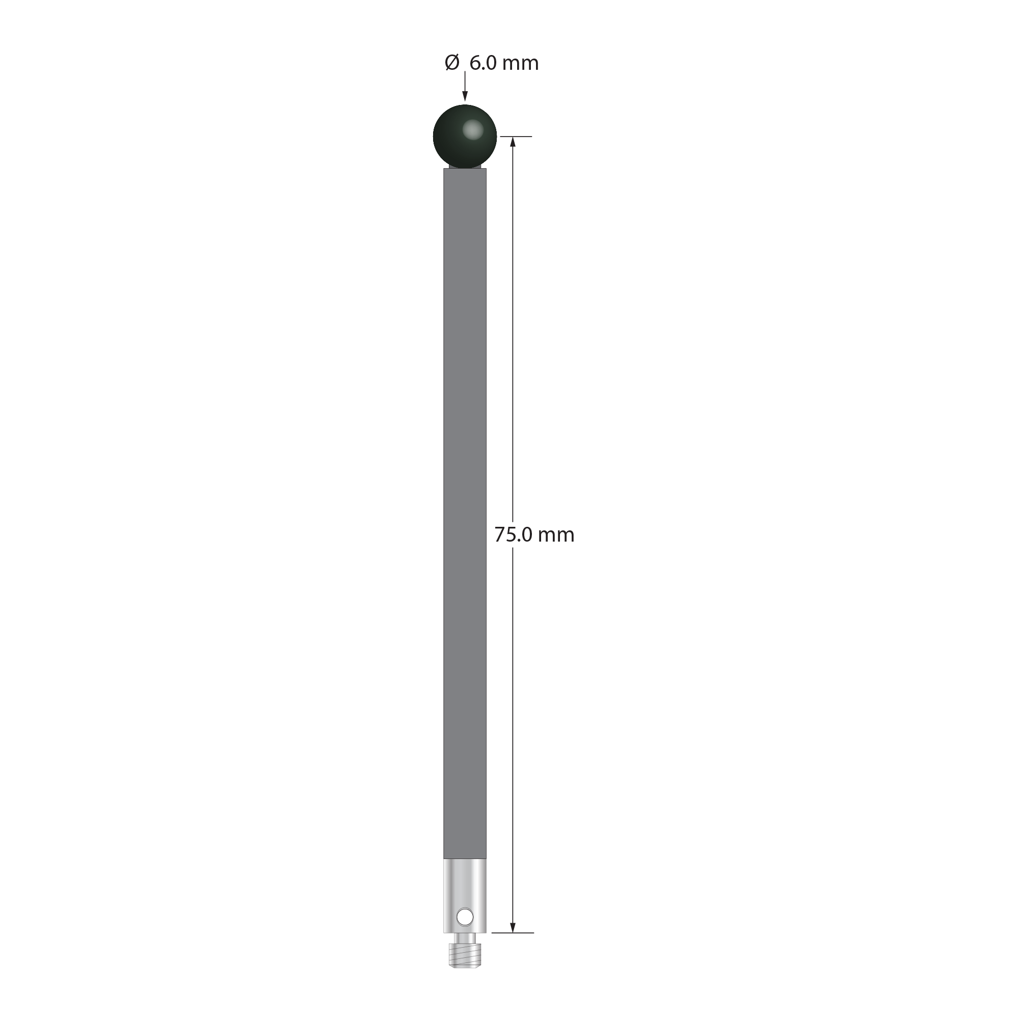 M3 stylus with 6.0 mm silicon nitride ball, 4.0 mm diameter carbon fiber stem, and 4.0 mm diameter x 10.0 mm long stainless steel base. Stylus length to ball center is 75.0 mm. Stylus weight is 2.09 grams. Compare to Renishaw A-5003-5726.