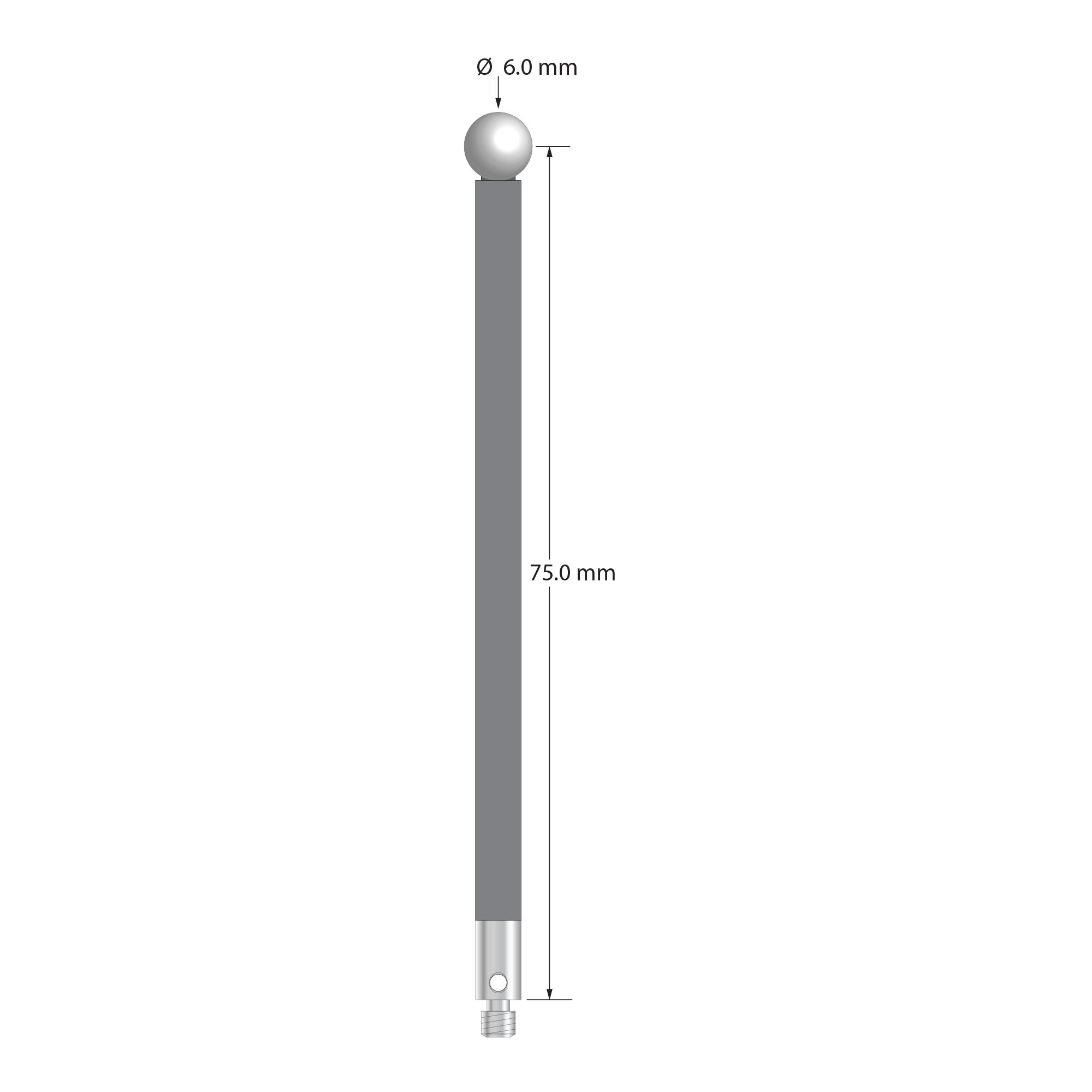 M3 stylus with 6.0 mm zirconia ball, 4.0 mm diameter carbon fiber stem, and 4.0 mm diameter x 10.0 mm long stainless steel base. Stylus length to ball center is 75.0 mm. Stylus weight is 2.09 grams. Compare to Renishaw A-5003-5740.