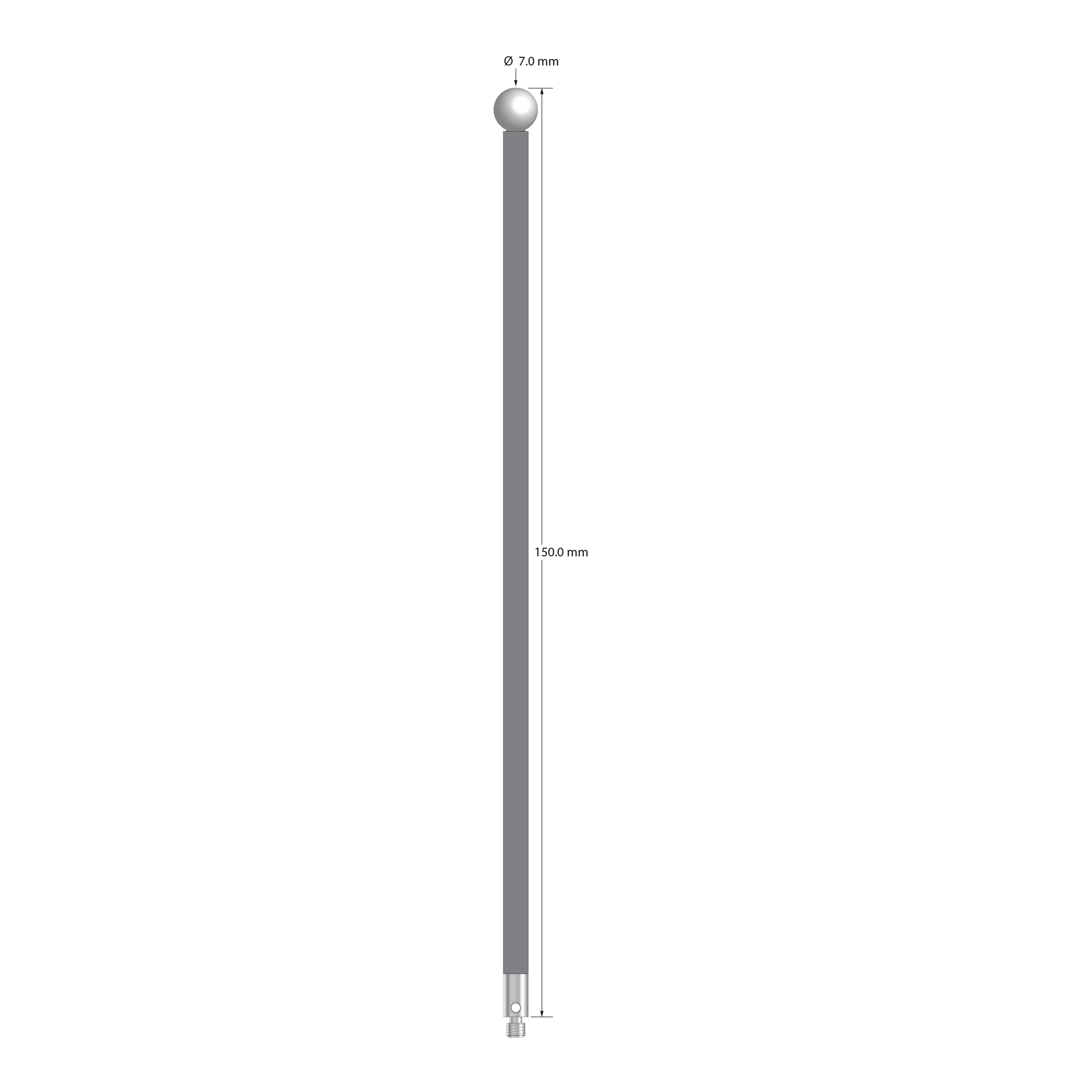 TM3-70150-G-Z M3 stylus with 7.0mm zirconia ball, carbon fiber stem, and stainless steel base, 150mm long.