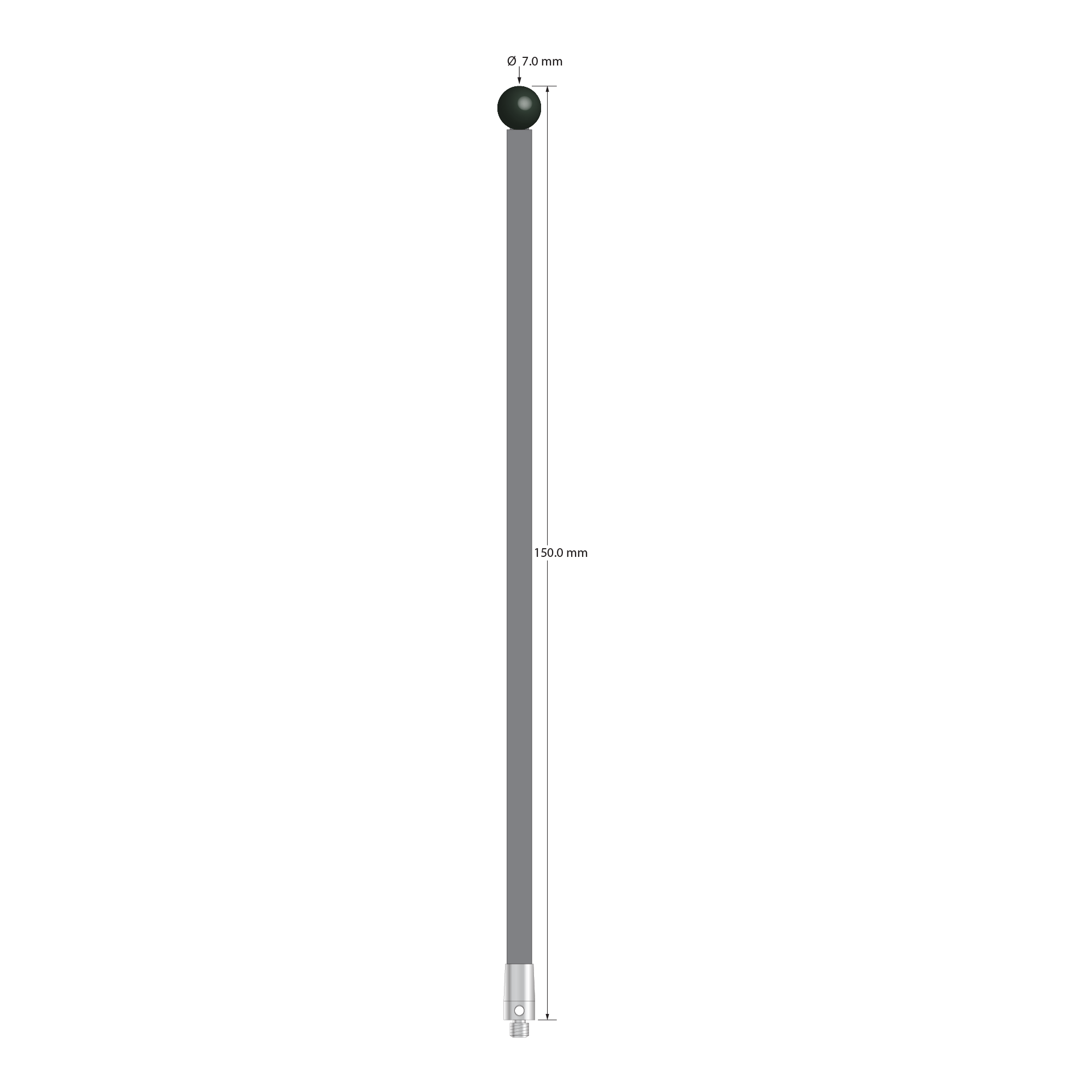 M3 XXT stylus with 7.0 mm diameter silicon nitride ball, 4.0 mm carbon fiber stem, and 5.0 mm diameter x 9.0 mm long titanium base. Overall stylus length is 150.0 mm. Stylus weight is 3.60 grams.