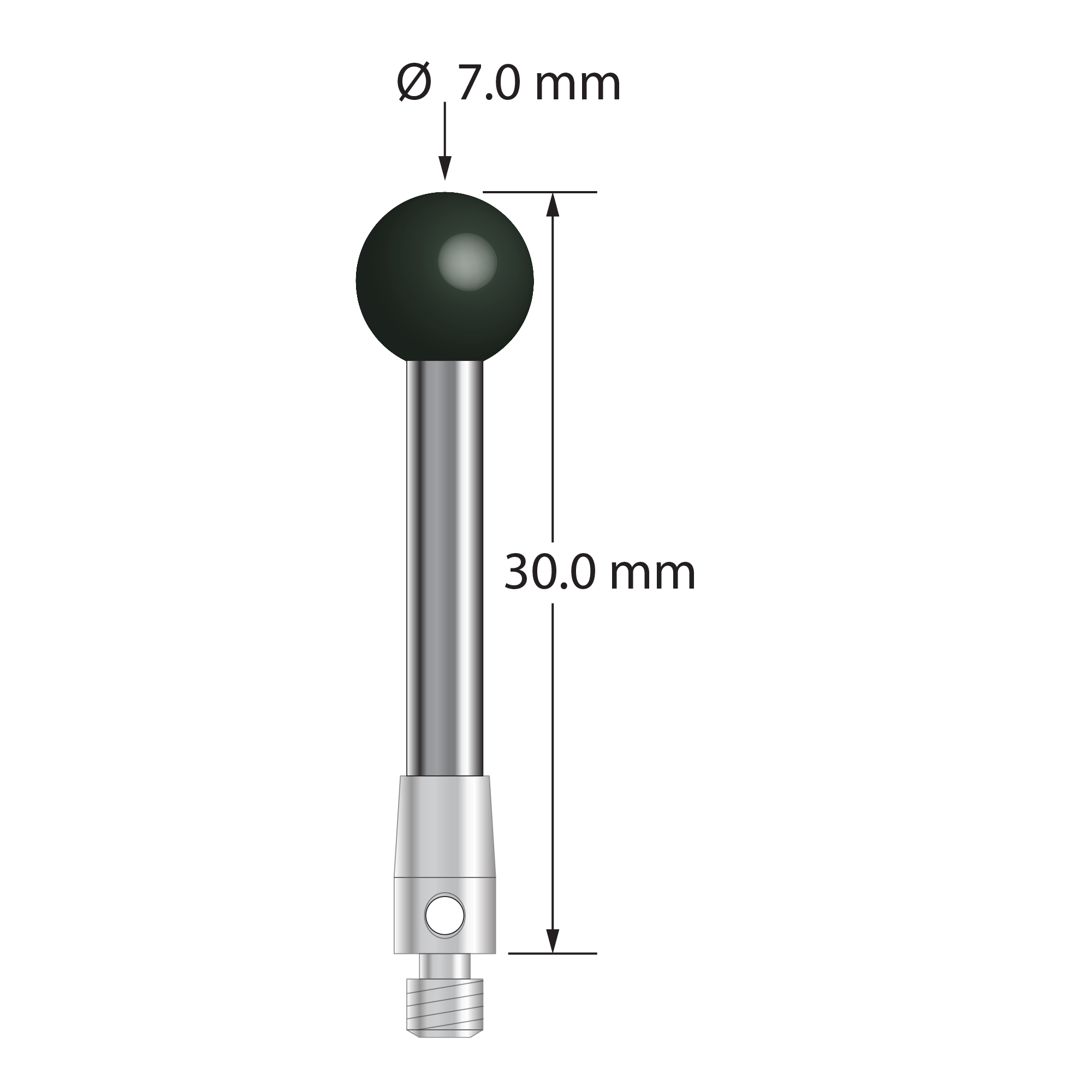 M3 stylus with 7.0 mm diameter silicon nitride ball, 3.0 mm diameter carbide stem, and 4.0 mm diameter x 7.0 mm long stainless steel base. Overall stylus length is 30.0 mm. Stylus weight is 3.22 grams.