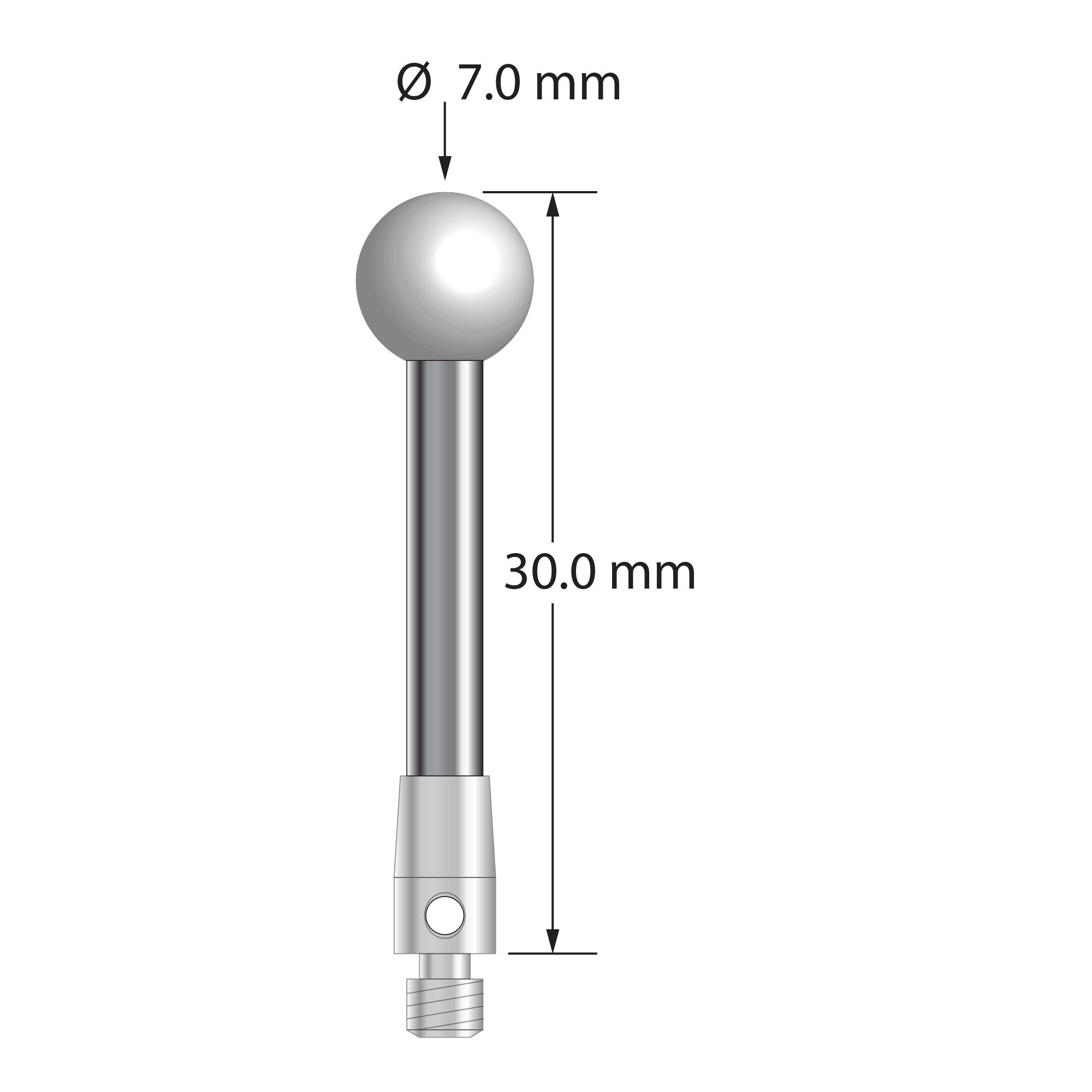 M3 stylus with 7.0 mm diameter zirconia ball, 3.0 mm diameter carbide stem, and 4.0 mm diameter x 7.0 mm long stainless steel base. Overall stylus length is 30.0 mm. Stylus weight is 3.22 grams.