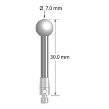 M3 stylus with 7.0 mm diameter zirconia ball, 3.0 mm diameter carbide stem, and 4.0 mm diameter x 7.0 mm long stainless steel base. Overall stylus length is 30.0 mm. Stylus weight is 3.22 grams.