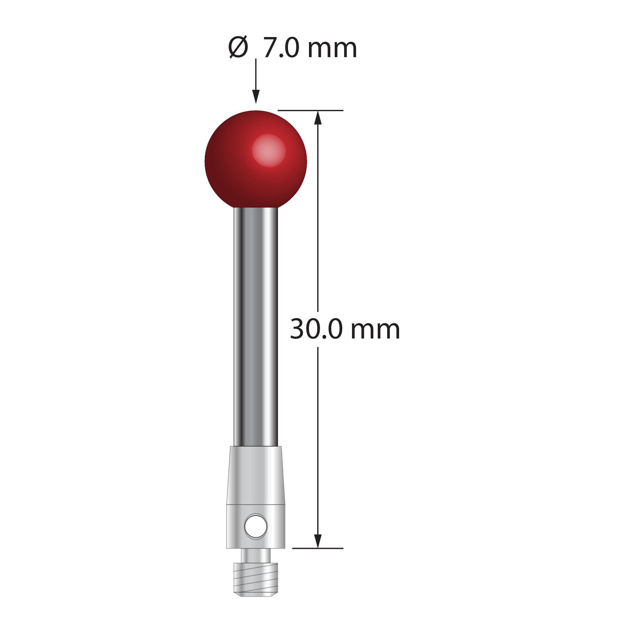 M3 stylus with 7.0 mm diameter ruby ball, 3.0 mm diameter carbide stem, and 4.0 mm diameter x 7.0 mm long stainless steel base. Overall stylus length is 30.0 mm. Stylus weight is 3.22 grams.