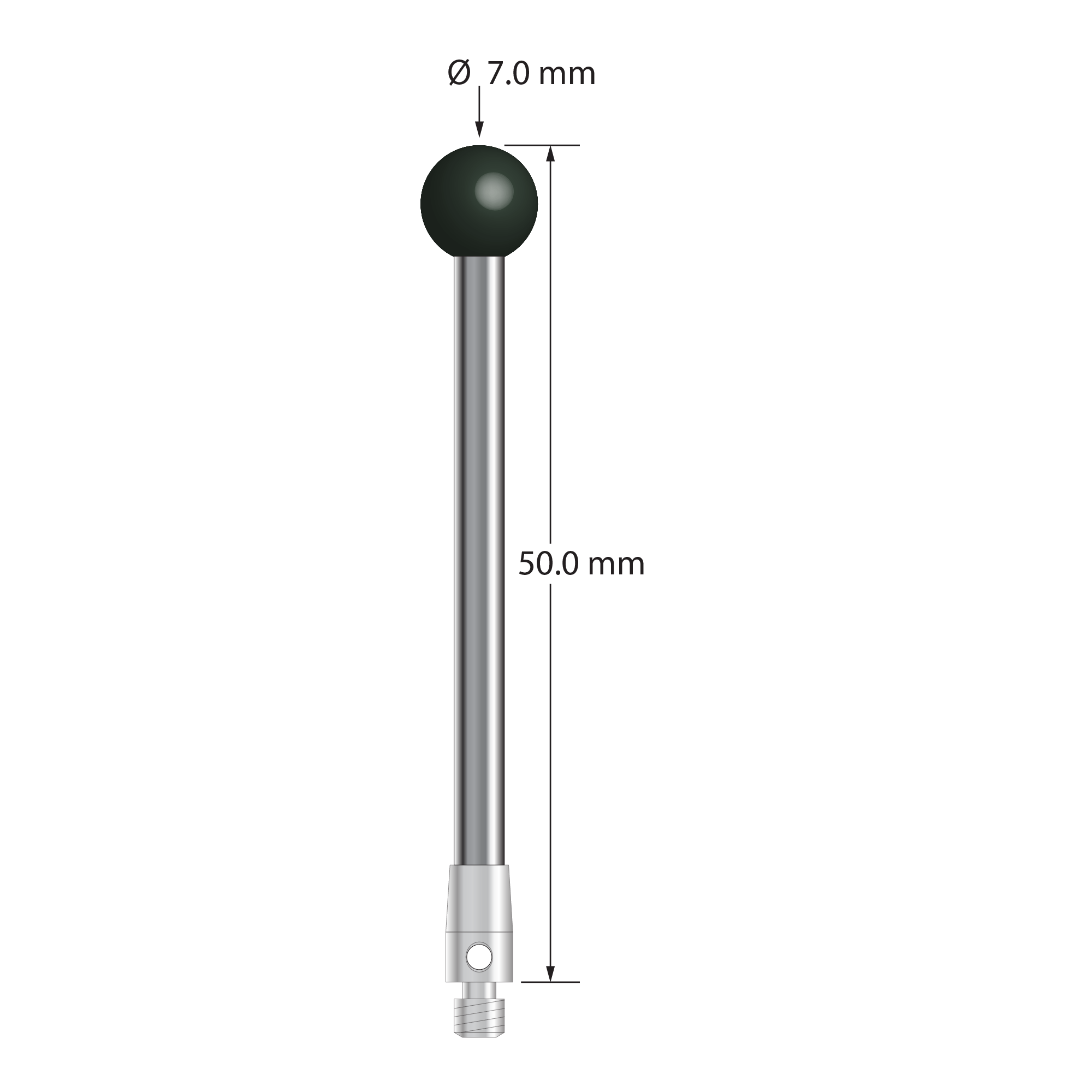 M3 stylus with 7.0 mm diameter silicon nitride ball, 3.0 mm diameter carbide stem, and 4.0 mm diameter x 7.0 mm long stainless steel base. Overall stylus length is 50.0 mm. Stylus weight is 5.24 grams.