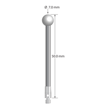 M3 stylus with 7.0 mm diameter zirconia ball, 3.0 mm diameter carbide stem, and 4.0 mm diameter x 7.0 mm long stainless steel base. Overall stylus length is 50.0 mm. Stylus weight is 5.24 grams.