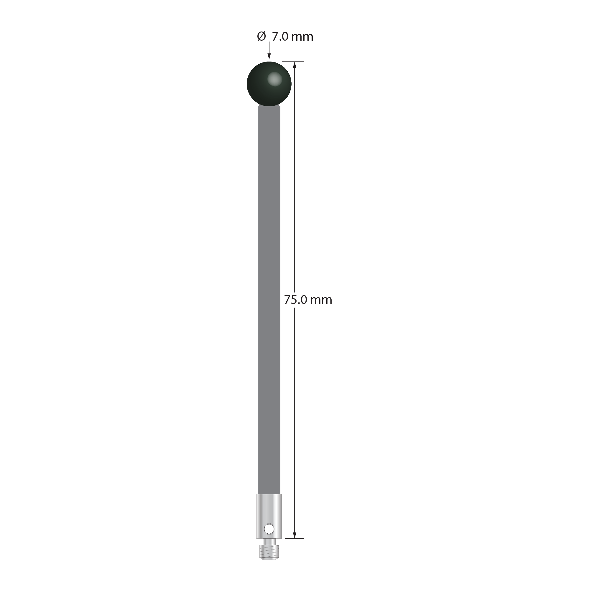 M3 stylus with 7.0 mm diameter silicon nitride ball, 3.5 mm diameter carbon fiber stem, and 4.0 mm diameter x 7.0 mm long stainless steel base. Overall stylus length is 75.0 mm. Stylus weight is 2.17 grams.