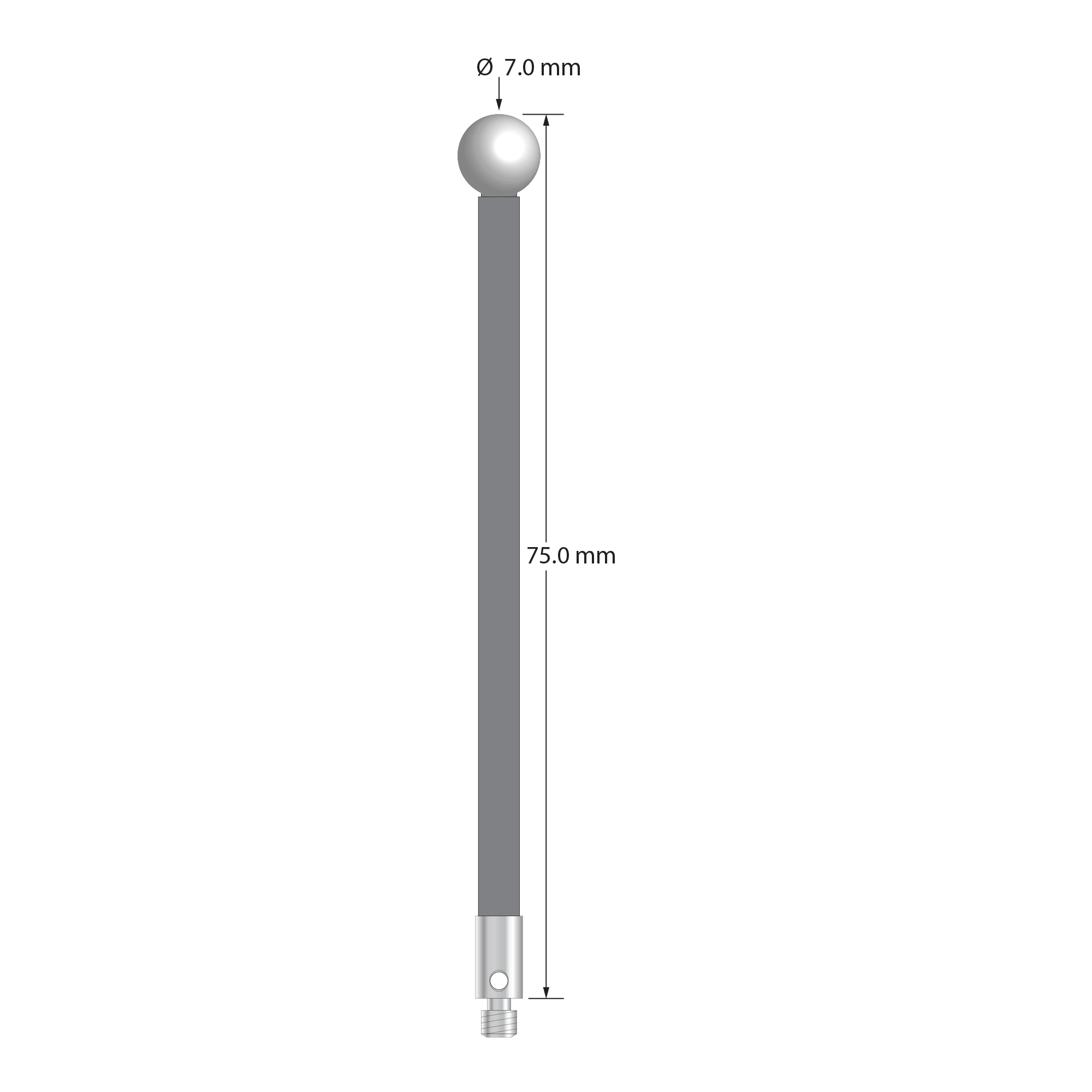 M3 stylus with 7.0 mm diameter zirconia ball, 3.5 mm diameter carbon fiber stem, and 4.0 mm diameter x 7.0 mm long stainless steel base. Overall stylus length is 75.0 mm. Stylus weight is 2.17 grams.