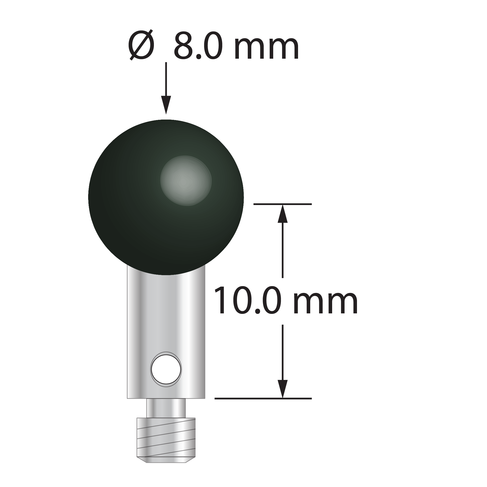 M3 stylus for ROMER arm CMM with 8.0 mm silicon nitride ball and stainless steel stem. Stylus length to ball center is 10.0 mm. Stylus weight is 2.20 grams.