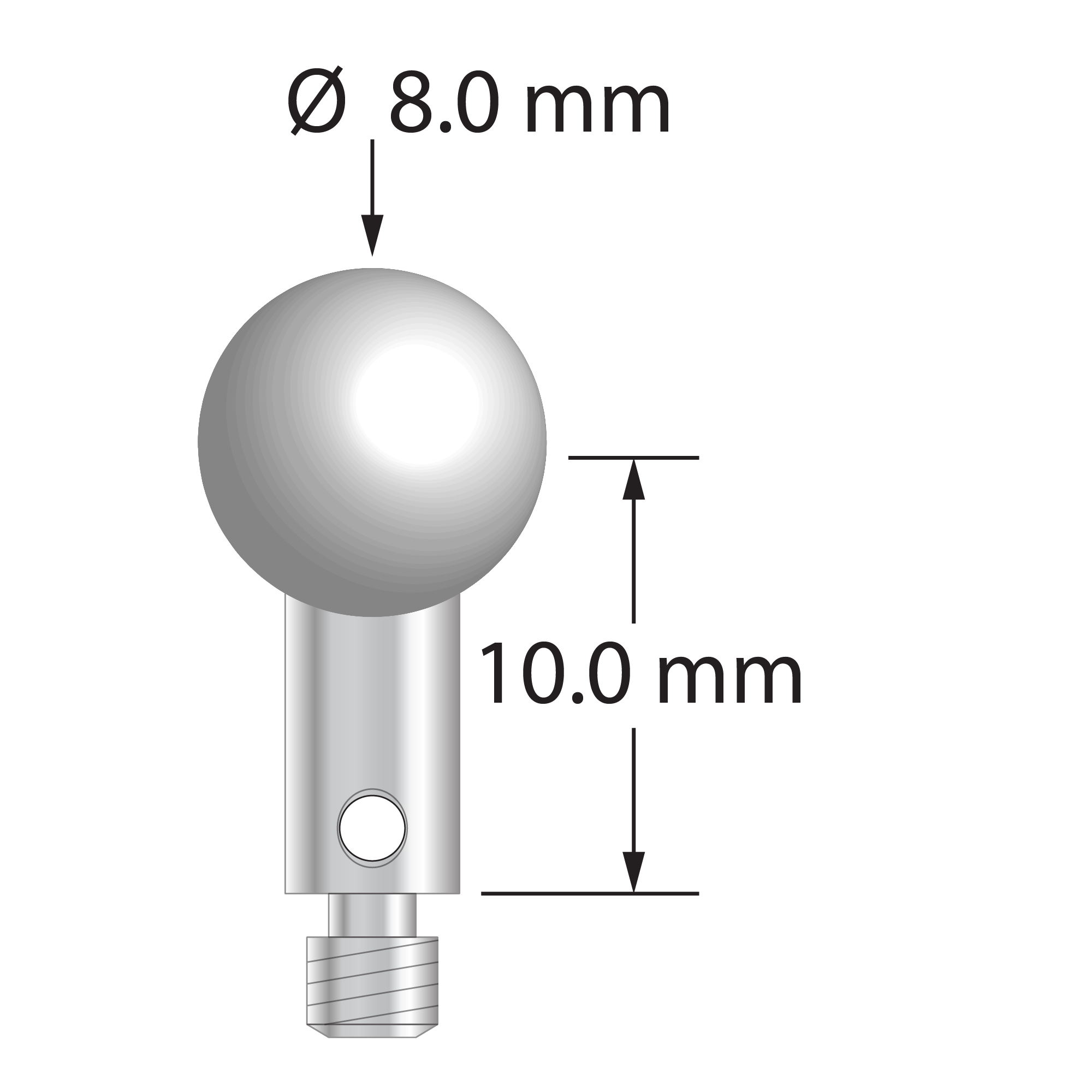 M3 stylus for ROMER arm CMM with 8.0 mm zirconia ball and stainless steel stem. Stylus length to ball center is 10.0 mm. Stylus weight is 2.20 grams.
