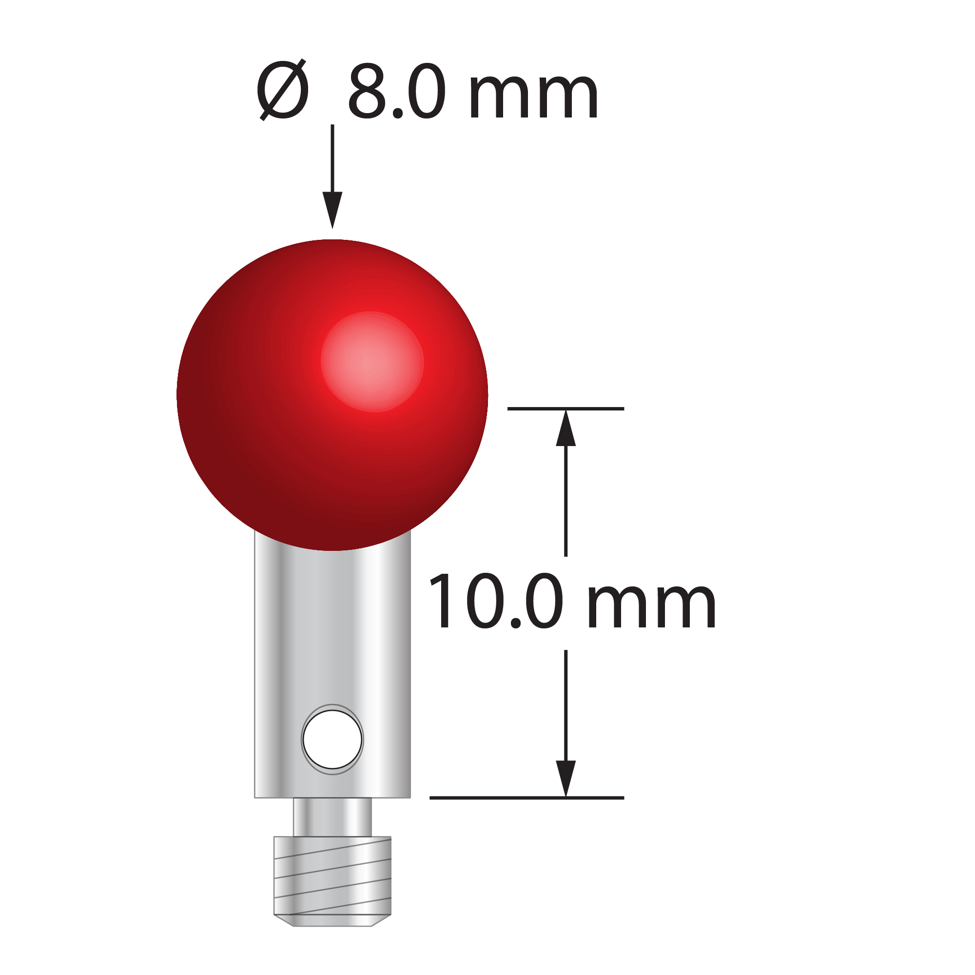 M3 stylus for ROMER arm CMM with 8.0 mm ruby ball and stainless steel stem. Stylus length to ball center is 10.0 mm. Stylus weight is 2.20 grams. Compare to Carbide Probes 260-8R.
