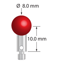 M3 stylus for ROMER arm CMM with 8.0 mm ruby ball and stainless steel stem. Stylus length to ball center is 10.0 mm. Stylus weight is 2.20 grams. Compare to Carbide Probes 260-8R.
