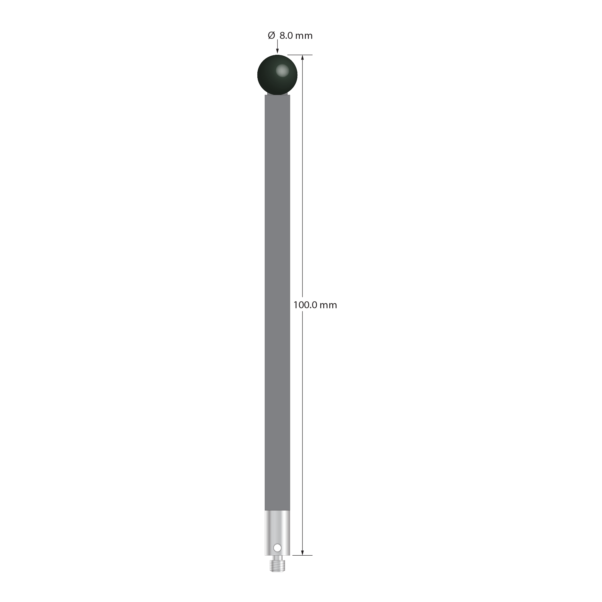 M3 stylus with 8.0 mm diameter silicon nitride ball, 5.0 mm diameter carbon fiber stem, and 5.0 mm diameter x 9.0 mm long titanium base. Overall stylus length is 100.0 mm. Stylus weight is 3.84 grams. Compare to Zeiss 626103-0800-100.