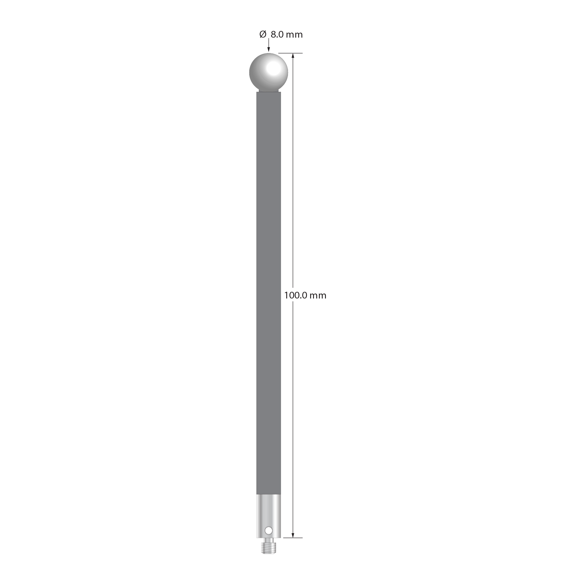 M3 stylus with 8.0 mm diameter zirconia ball, 5.0 mm diameter carbon fiber stem, and 5.0 mm diameter x 9.0 mm long titanium base. Overall stylus length is 100.0 mm. Stylus weight is 3.84 grams.