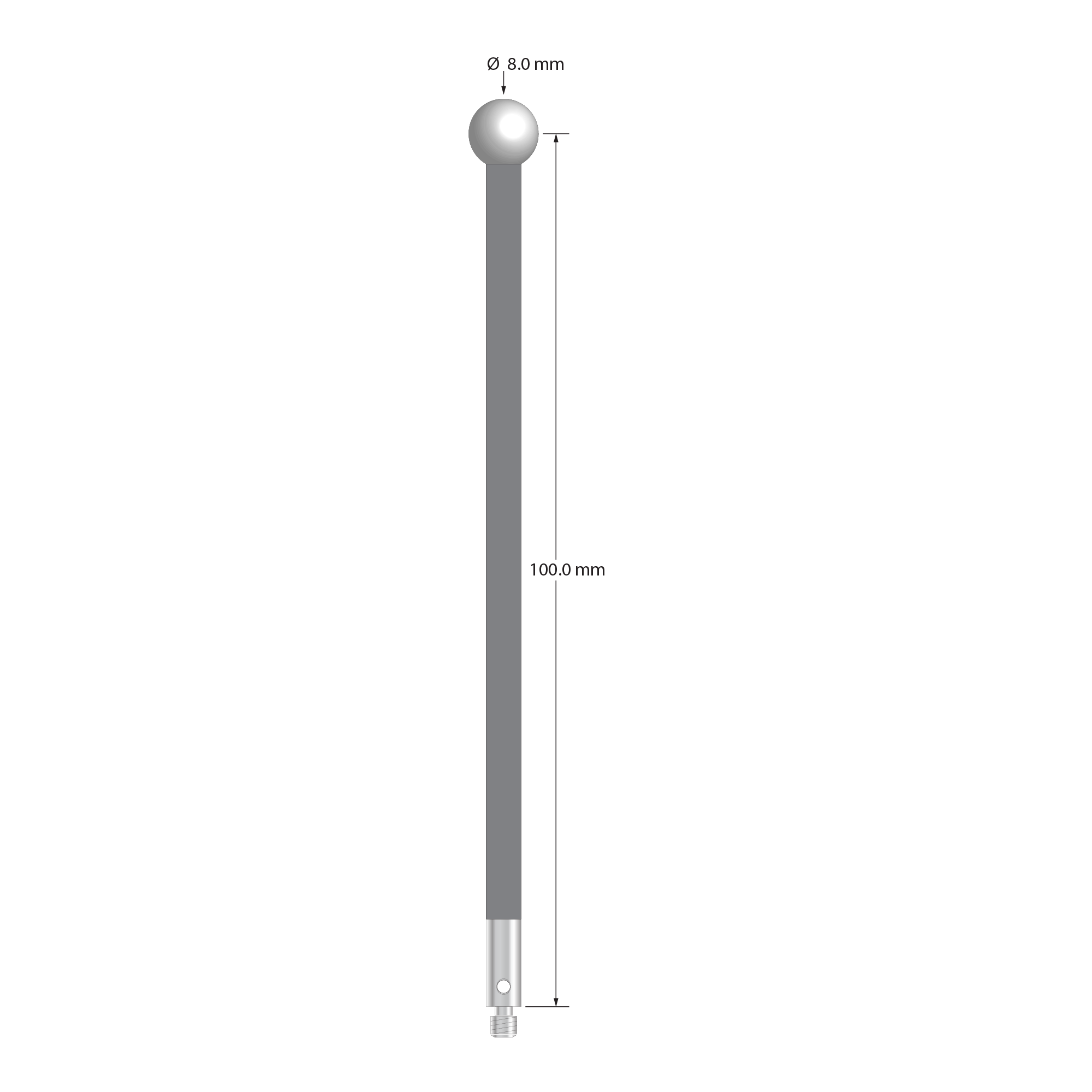 M3 stylus with 8.0 mm diameter zirconia ball, 4.0 mm diameter carbon fiber stem, and 4.0 mm diameter x 10.0 mm long stainless steel base. Stylus length to ball center is 100.0 mm. Stylus weight is 3.01 grams.