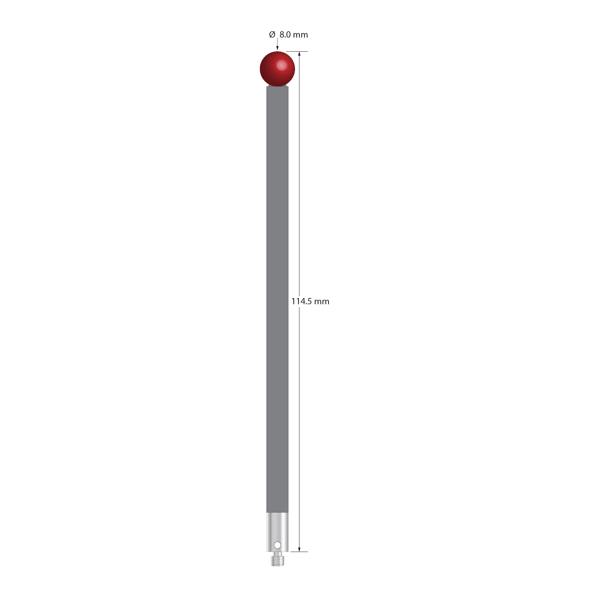 M3 XXT stylus with 8.0 mm diameter ruby ball, 5.0 mm diameter carbon fiber stem, and 5.0 mm diameter x 9.0 mm long titanium base. &nbsp;Overall stylus length is 114.5 mm. Stylus weight is 4.28 grams.