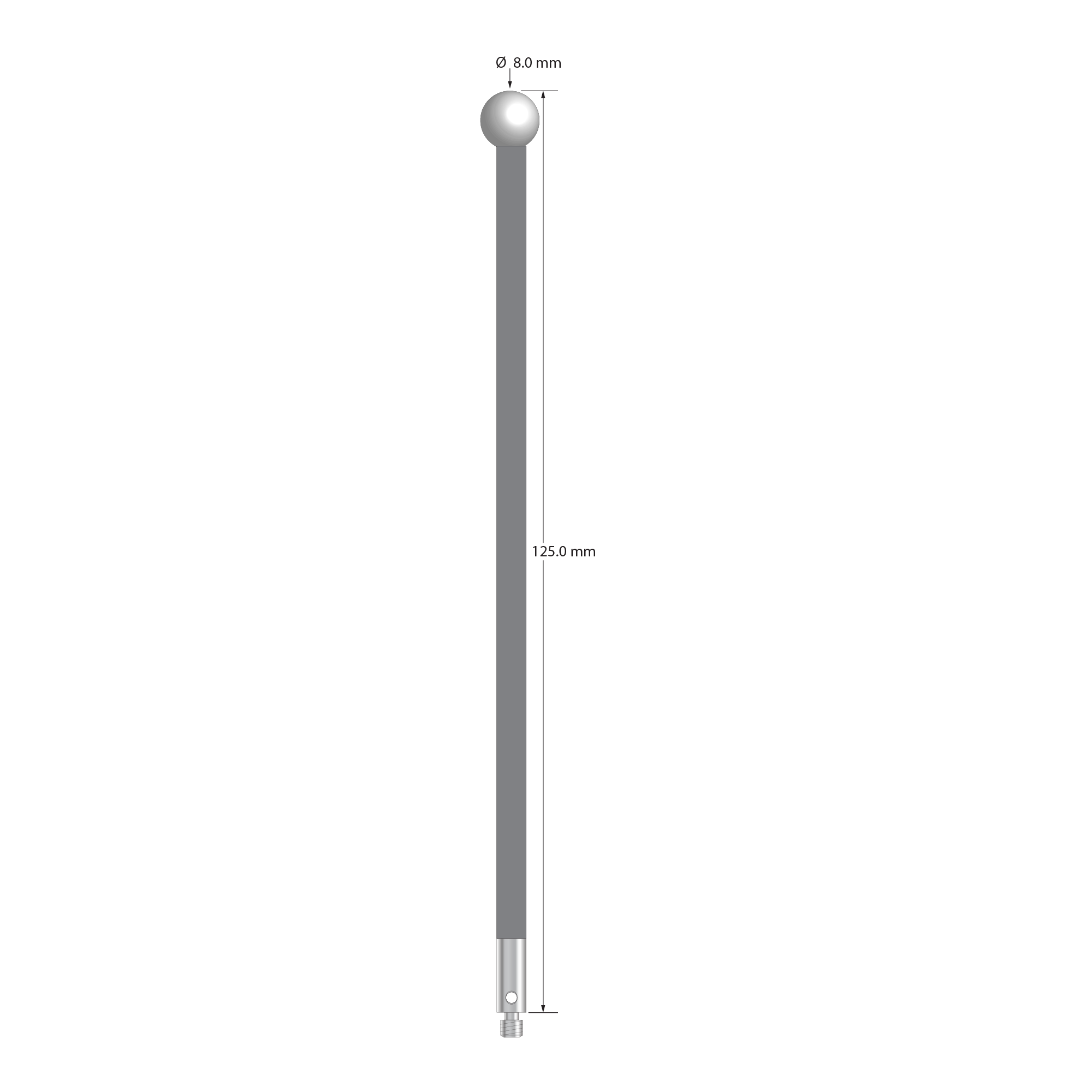 M3 stylus with 8.0 mm diameter zirconia ball, 4.0 mm diameter carbon fiber stem, and 4.0 mm diameter x 10.0 mm long stainless steel base. Overall stylus length is 125.0 mm. Stylus weight is 3.51 grams.
