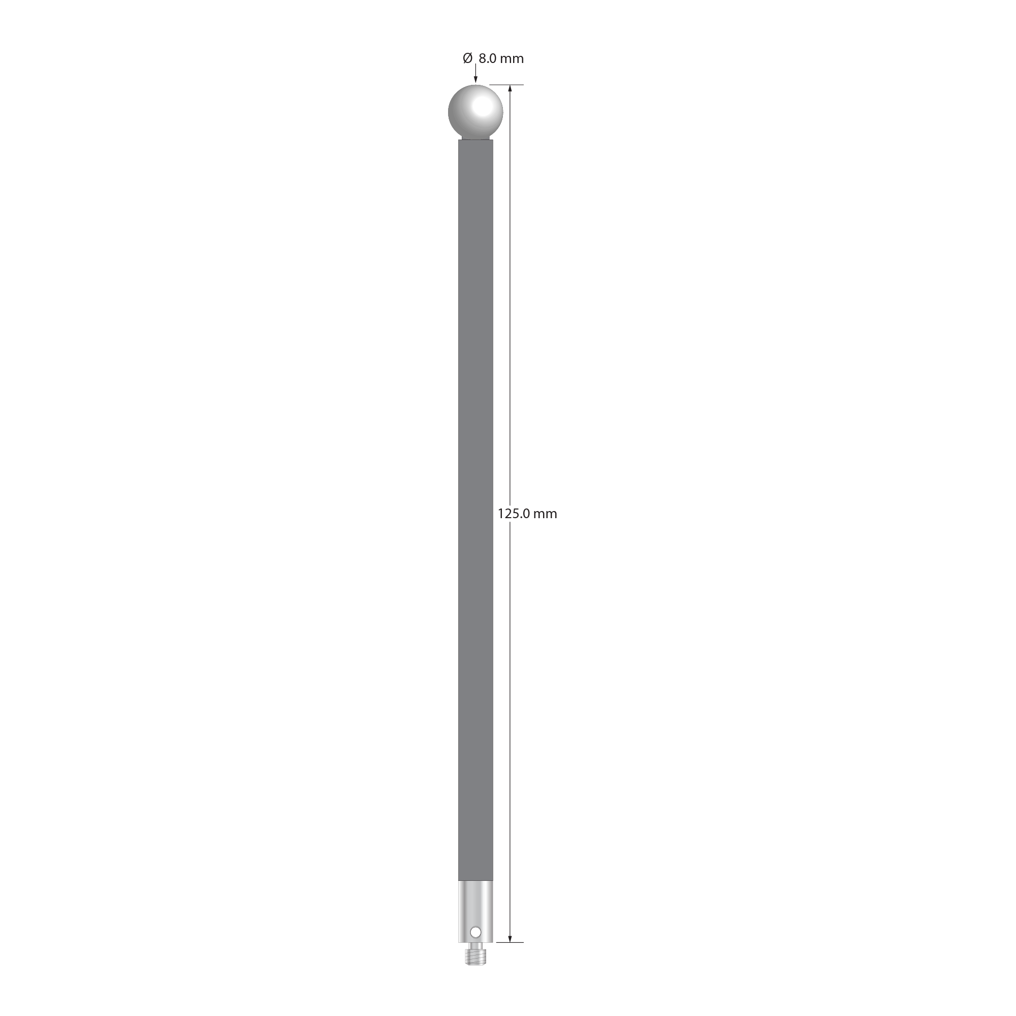 M3 stylus with 8.0 mm diameter zirconia ball, 5.0 mm diameter carbon fiber stem, and 5.0 mm diameter x 9.0 mm long titanium base. Overall stylus length is 125.0 mm. Stylus weight is 4.59 grams.