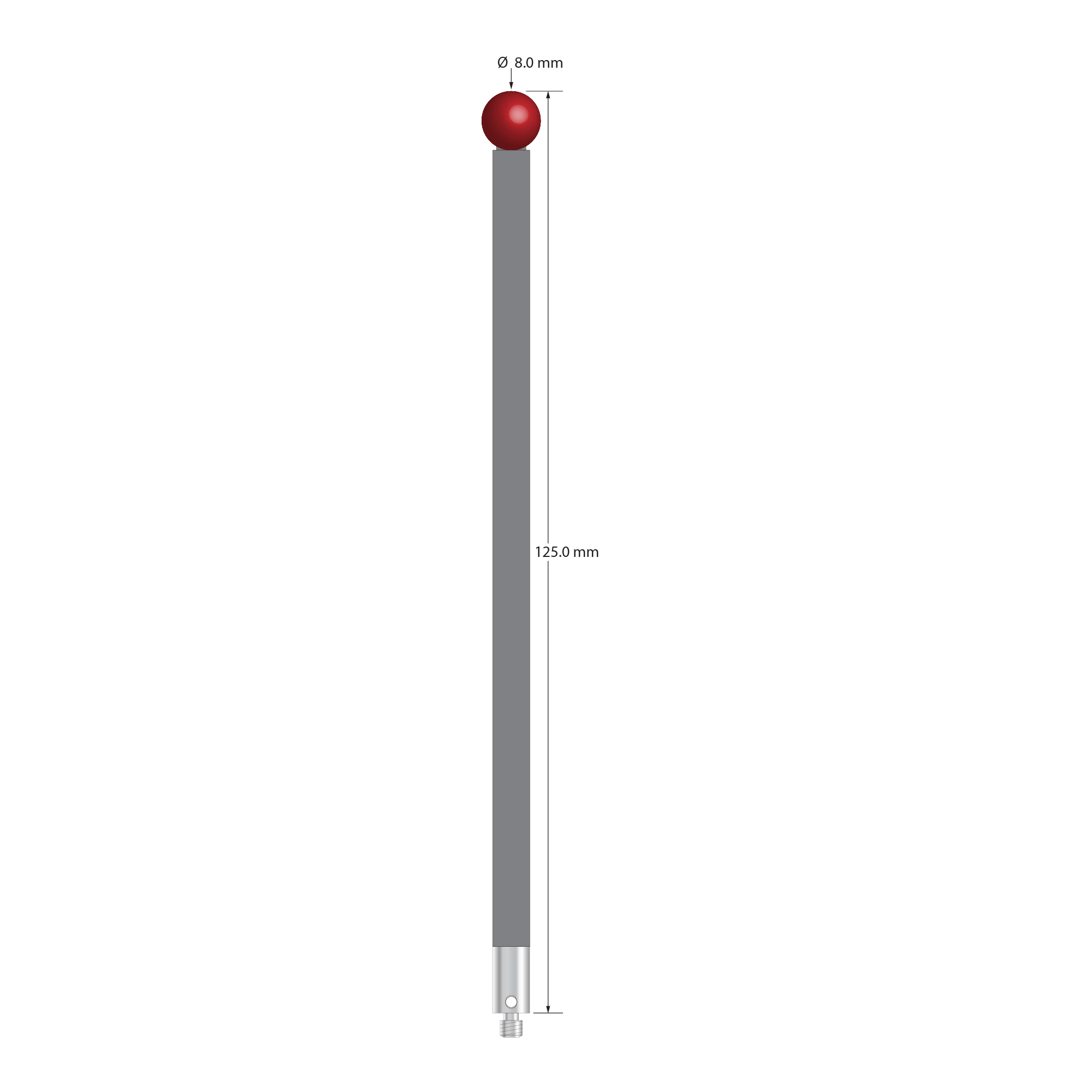 M3 stylus with 8.0 mm diameter ruby ball, 5.0 mm diameter carbon fiber stem, and 5.0 mm diameter x 9.0 mm long titanium base. Overall stylus length is 125.0 mm. Stylus weight is 4.59 grams. Compare to Zeiss 626103-0800-125 and Renishaw A-5004-0808.