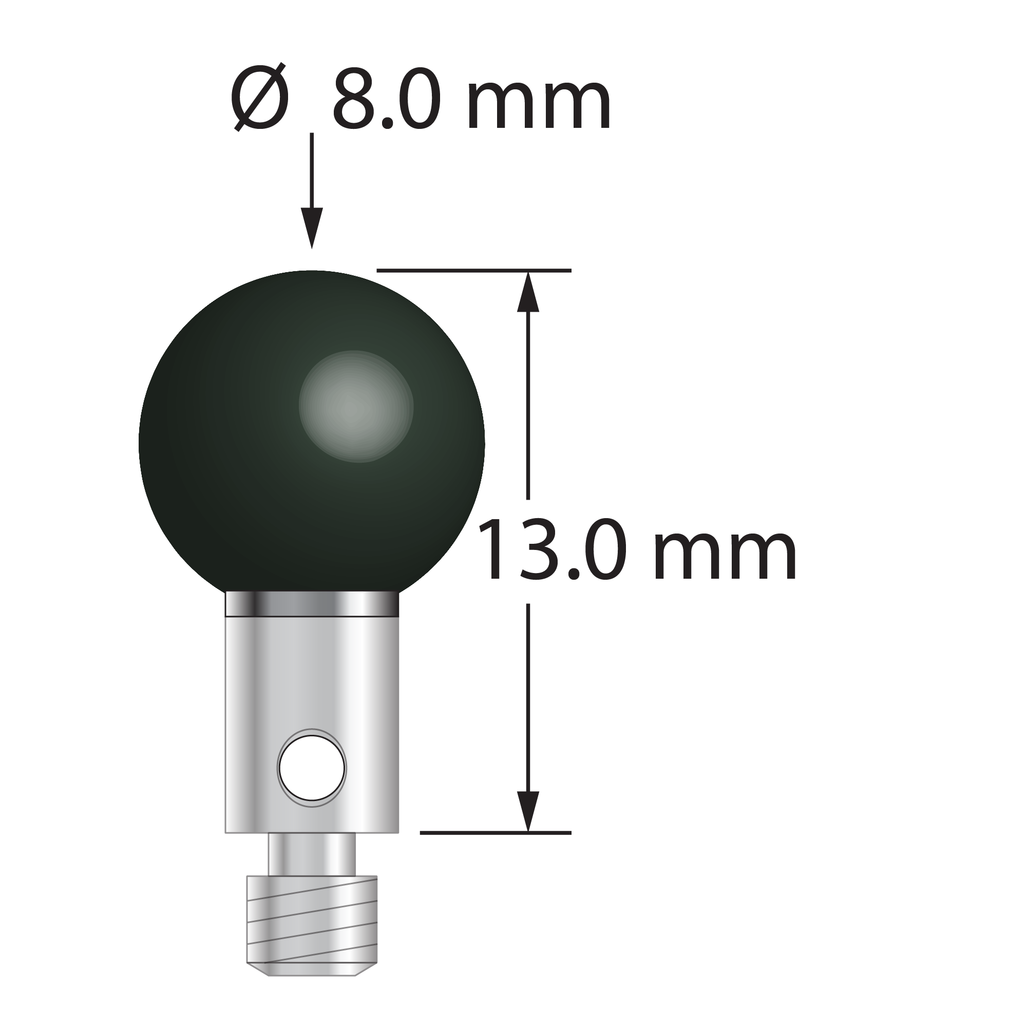 M3 stylus with 8.0 mm diameter silicon nitride ball, 4.0 mm diameter carbide stem, and 4.0 mm diameter x 5.0 mm long stainless steel base. Overall stylus length is 13.0 mm. Stylus weight is 2.41 grams.