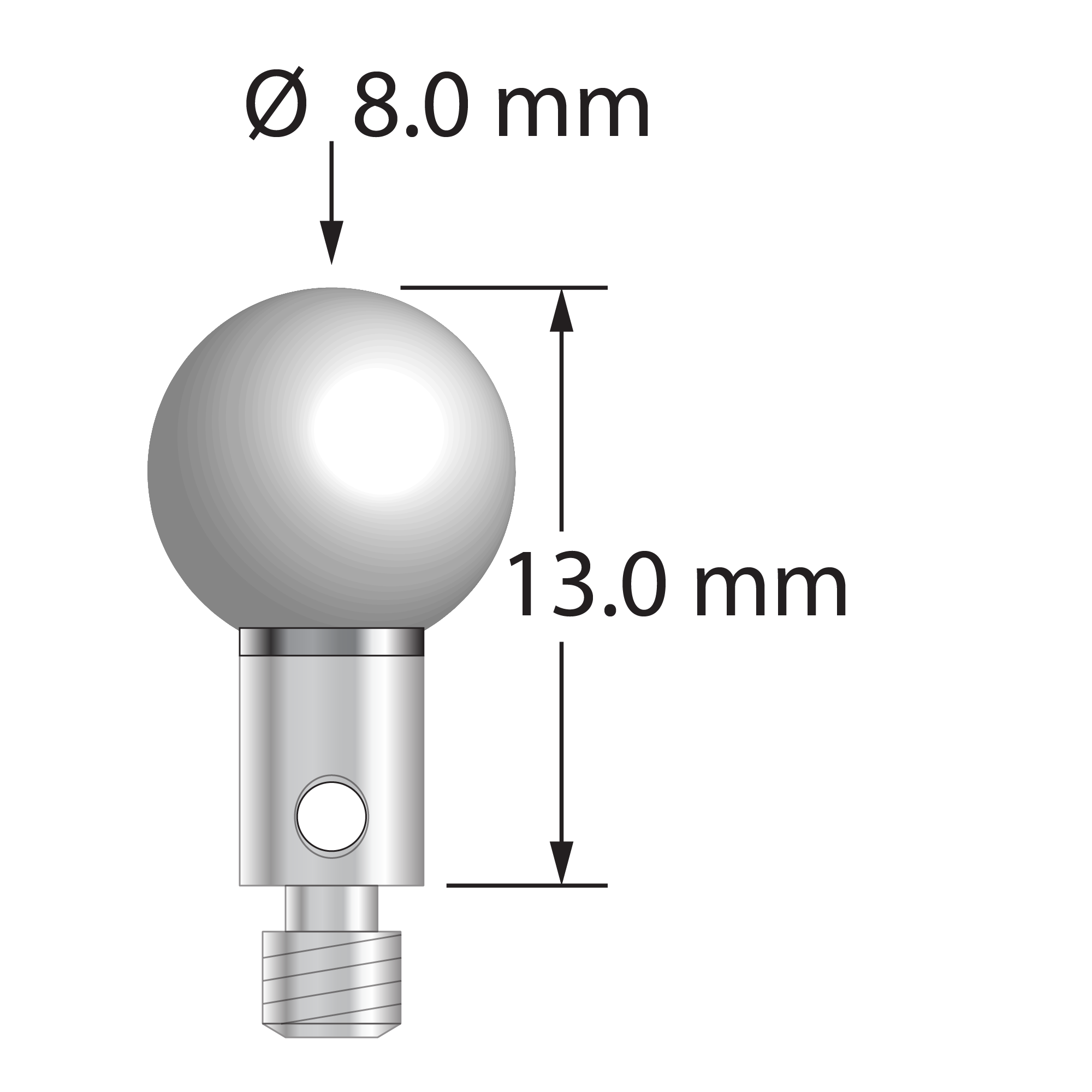 M3 stylus with 8.0 mm diameter zirconia ball, 4.0 mm diameter carbide stem, and 4.0 mm diameter x 5.0 mm long stainless steel base. Overall stylus length is 13.0 mm. Stylus weight is 2.41 grams.