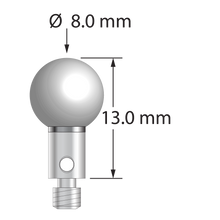 M3 stylus with 8.0 mm diameter zirconia ball, 4.0 mm diameter carbide stem, and 4.0 mm diameter x 5.0 mm long stainless steel base. Overall stylus length is 13.0 mm. Stylus weight is 2.41 grams.