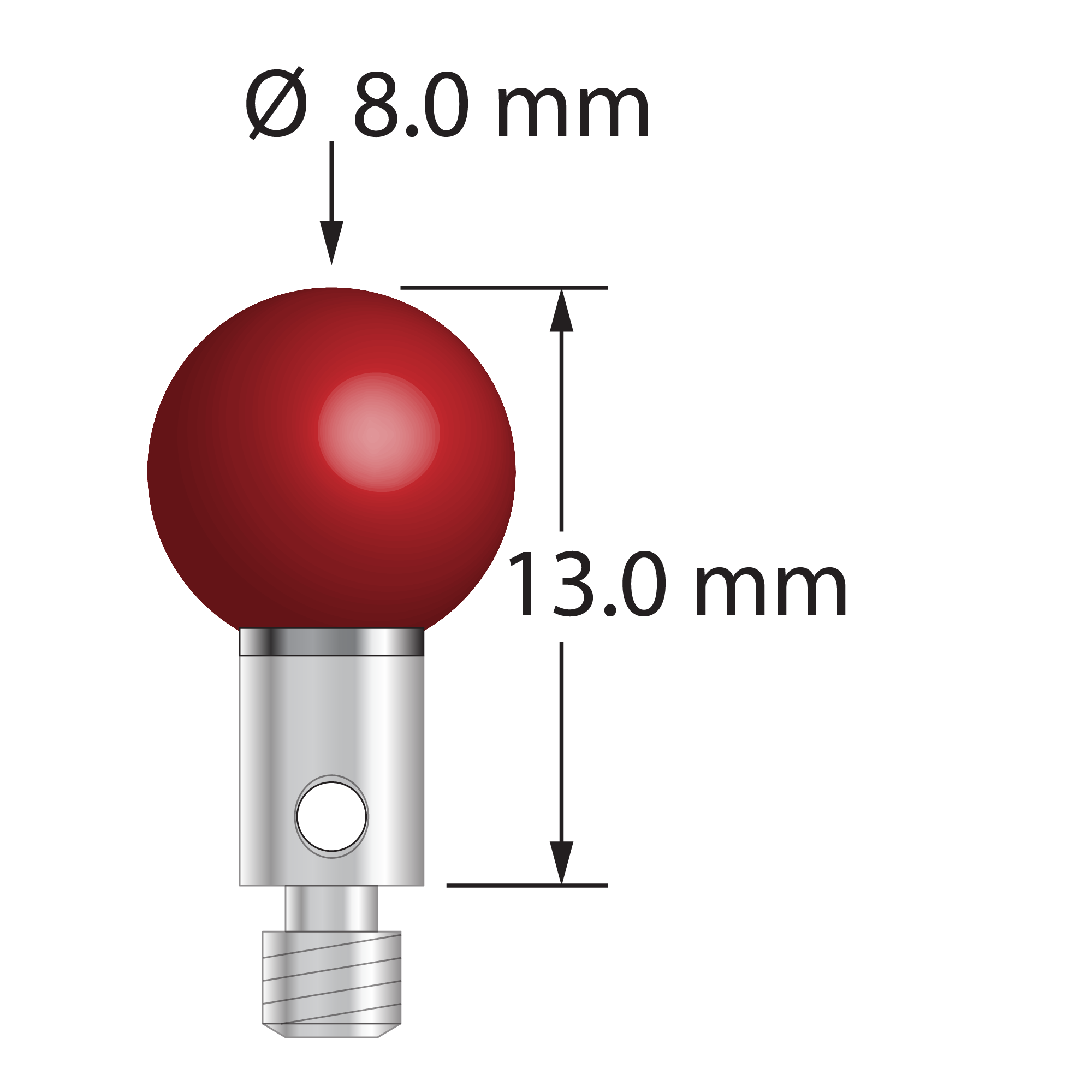 M3 stylus with 8.0 mm diameter ruby ball, 4.0 mm diameter carbide stem, and 4.0 mm diameter x 5.0 mm long stainless steel base. Overall stylus length is 13.0 mm. Stylus weight is 2.41 grams.