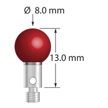 M3 stylus with 8.0 mm diameter ruby ball, 4.0 mm diameter carbide stem, and 4.0 mm diameter x 5.0 mm long stainless steel base. Overall stylus length is 13.0 mm. Stylus weight is 2.41 grams.