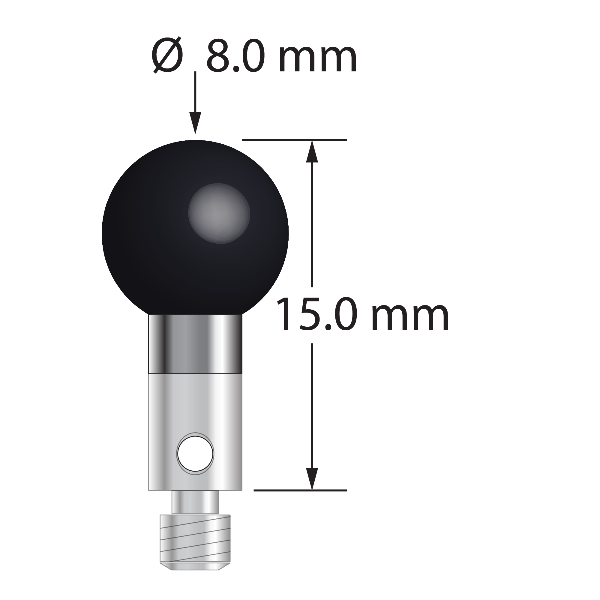 M3 stylus with 8.0 mm diameter silicon nitride ball, 4.0 mm diameter carbide stem, and 4.0 mm diameter x 5.0 mm long stainless steel base. Overall stylus length is 15.0 mm. Stylus weight is 2.65 grams.