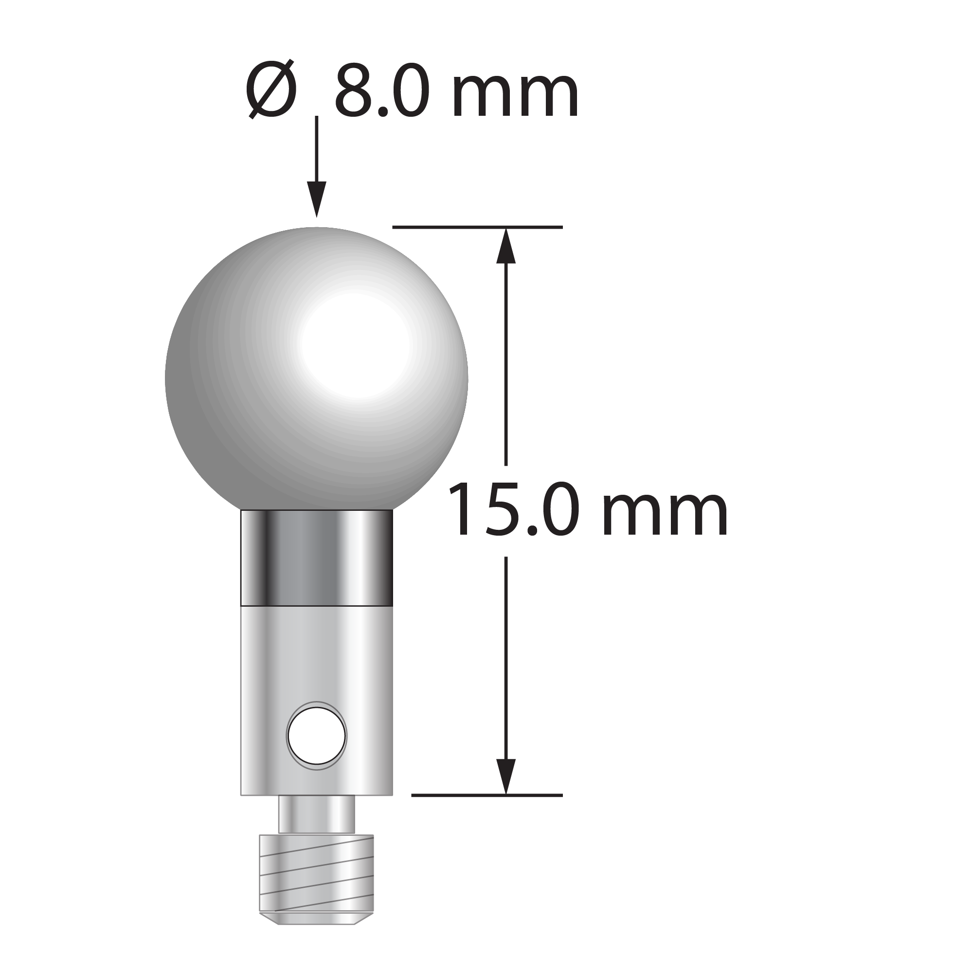 M3 stylus with 8.0 mm diameter zirconia ball, 4.0 mm diameter carbide stem, and 4.0 mm diameter x 5.0 mm long stainless steel base. Overall stylus length is 15.0 mm. Stylus weight is 2.65 grams.