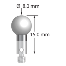 M3 stylus with 8.0 mm diameter zirconia ball, 4.0 mm diameter carbide stem, and 4.0 mm diameter x 5.0 mm long stainless steel base. Overall stylus length is 15.0 mm. Stylus weight is 2.65 grams.
