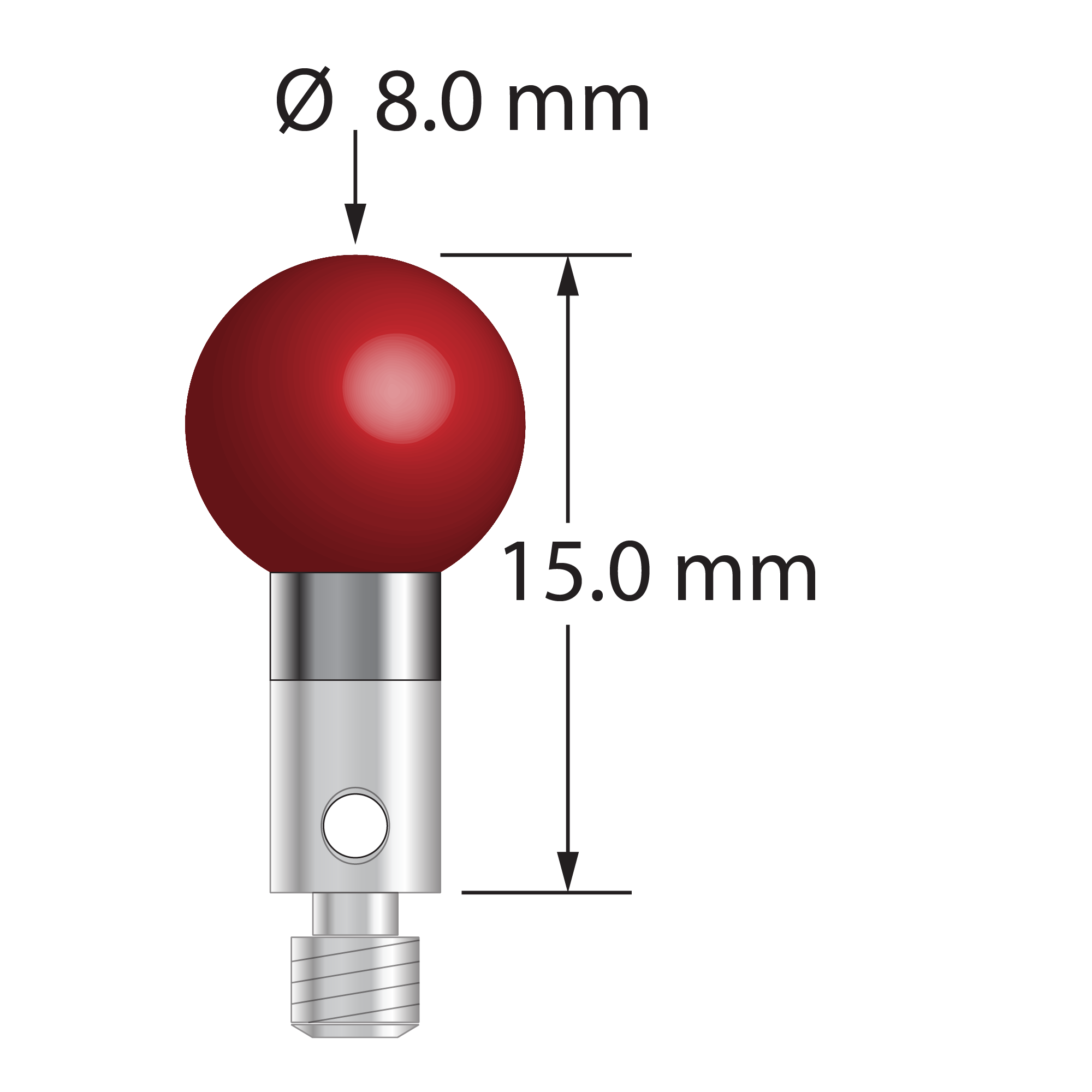 M3 stylus with 8.0 mm diameter ruby ball, 4.0 mm diameter carbide stem, and 4.0 mm diameter x 5.0 mm long stainless steel base. Overall stylus length is 15.0 mm. Stylus weight is 2.65 grams.
