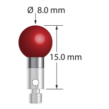 M3 stylus with 8.0 mm diameter ruby ball, 4.0 mm diameter carbide stem, and 4.0 mm diameter x 5.0 mm long stainless steel base. Overall stylus length is 15.0 mm. Stylus weight is 2.65 grams.