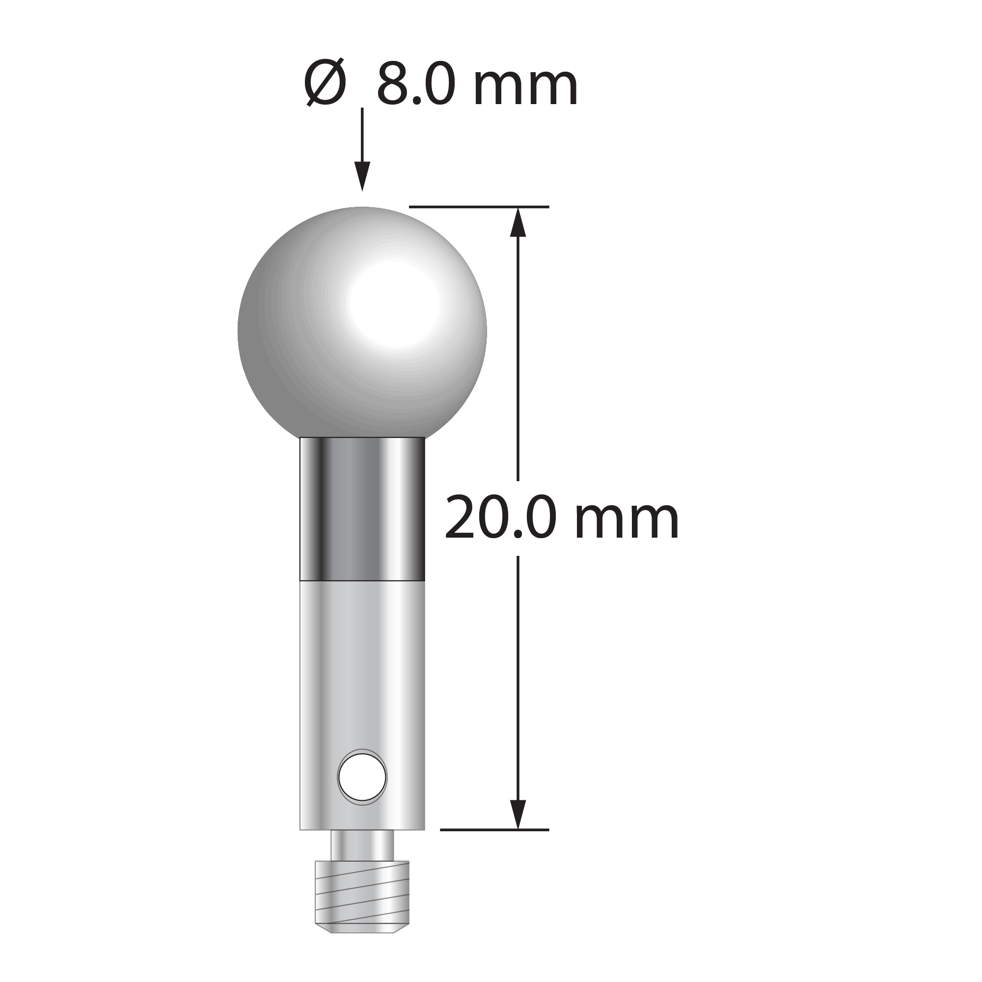M3 stylus with 8.0 mm diameter zirconia ball, 4.0 mm diameter carbide stem, and 4.0 mm diameter x 8.0 mm long stainless steel base. Overall stylus length is 20.0 mm. Stylus weight is 3.68 grams.