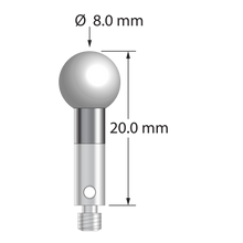 M3 stylus with 8.0 mm diameter zirconia ball, 4.0 mm diameter carbide stem, and 4.0 mm diameter x 8.0 mm long stainless steel base. Overall stylus length is 20.0 mm. Stylus weight is 3.68 grams.