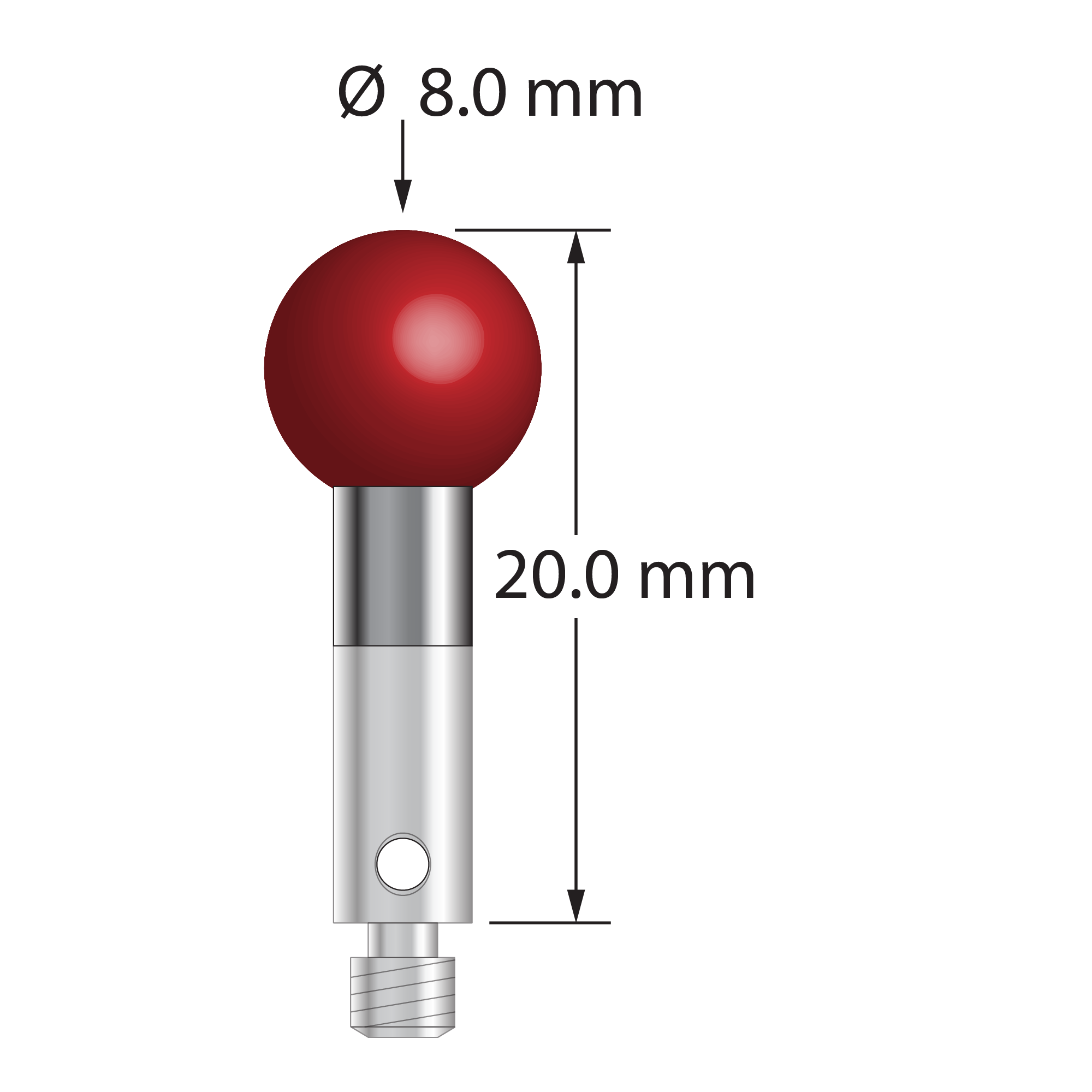 M3 stylus with 8.0 mm diameter ruby ball, 4.0 mm diameter carbide stem, and 4.0 mm diameter x 8.0 mm long stainless steel base. Overall stylus length is 20.0 mm. Stylus weight is 3.68 grams.