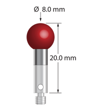 M3 stylus with 8.0 mm diameter ruby ball, 4.0 mm diameter carbide stem, and 4.0 mm diameter x 8.0 mm long stainless steel base. Overall stylus length is 20.0 mm. Stylus weight is 3.68 grams.
