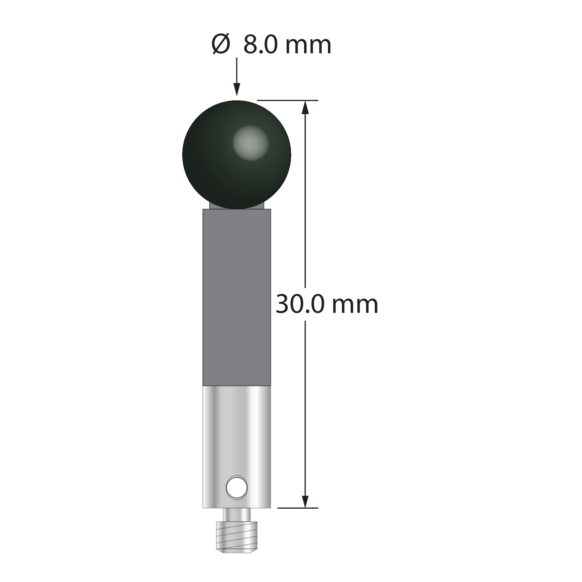 M3 stylus with 8.0 mm diameter silicon nitride ball, 5.0 mm diameter carbon fiber stem, and 5.0 mm diameter x 9.0 mm long titanium base. Overall stylus length is 30.0 mm. Stylus weight is 1.74 grams. Compare to Zeiss 626103-0801-030.