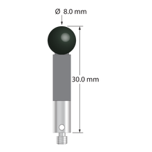 M3 stylus with 8.0 mm diameter silicon nitride ball, 5.0 mm diameter carbon fiber stem, and 5.0 mm diameter x 9.0 mm long titanium base. Overall stylus length is 30.0 mm. Stylus weight is 1.74 grams. Compare to Zeiss 626103-0801-030.