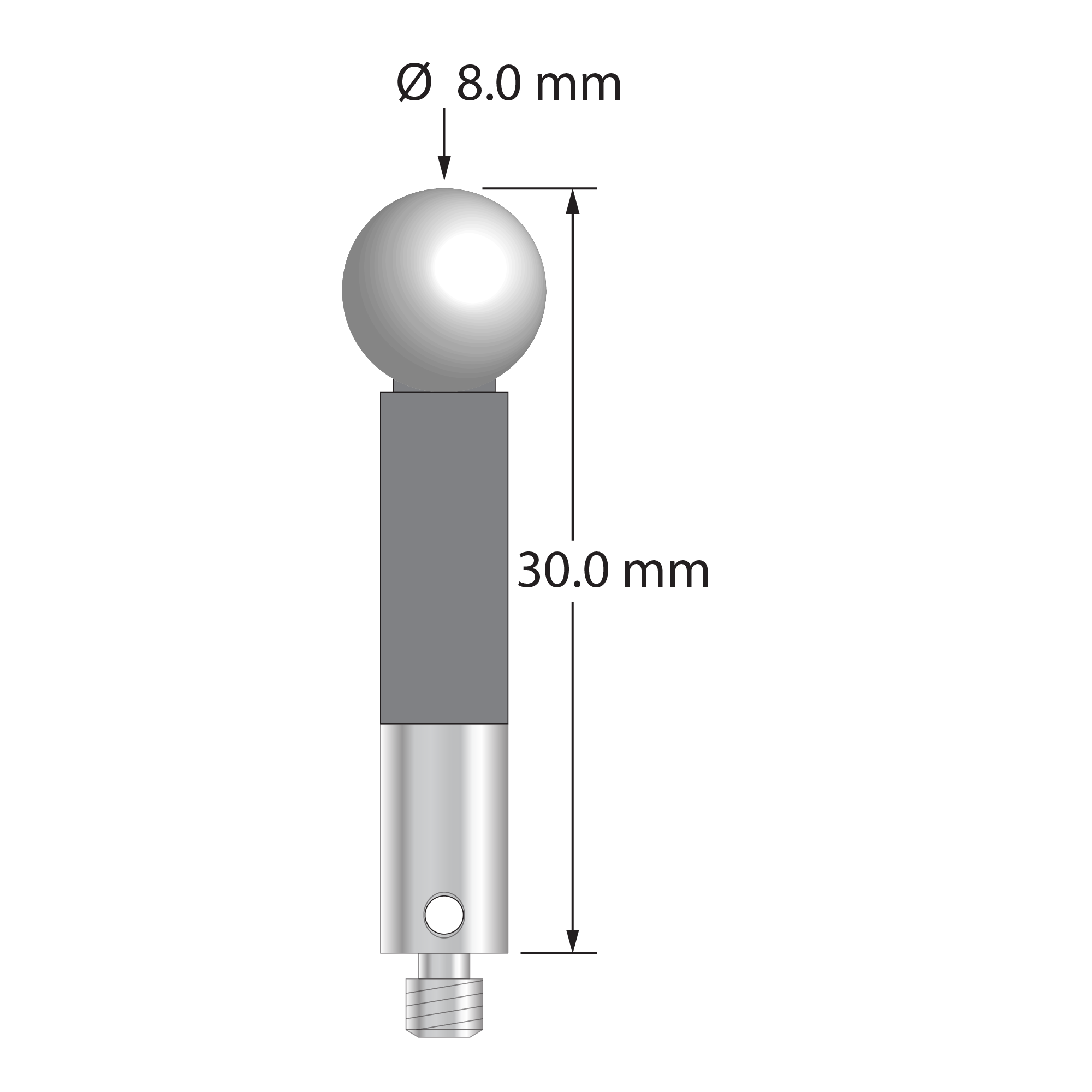 M3 stylus with 8.0 mm diameter zirconia ball, 5.0 mm diameter carbon fiber stem, and 5.0 mm diameter x 9.0 mm long titanium base. Overall stylus length is 30.0 mm. Stylus weight is 1.74 grams.