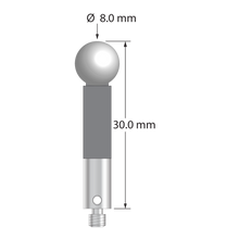 M3 stylus with 8.0 mm diameter zirconia ball, 5.0 mm diameter carbon fiber stem, and 5.0 mm diameter x 9.0 mm long titanium base. Overall stylus length is 30.0 mm. Stylus weight is 1.74 grams.