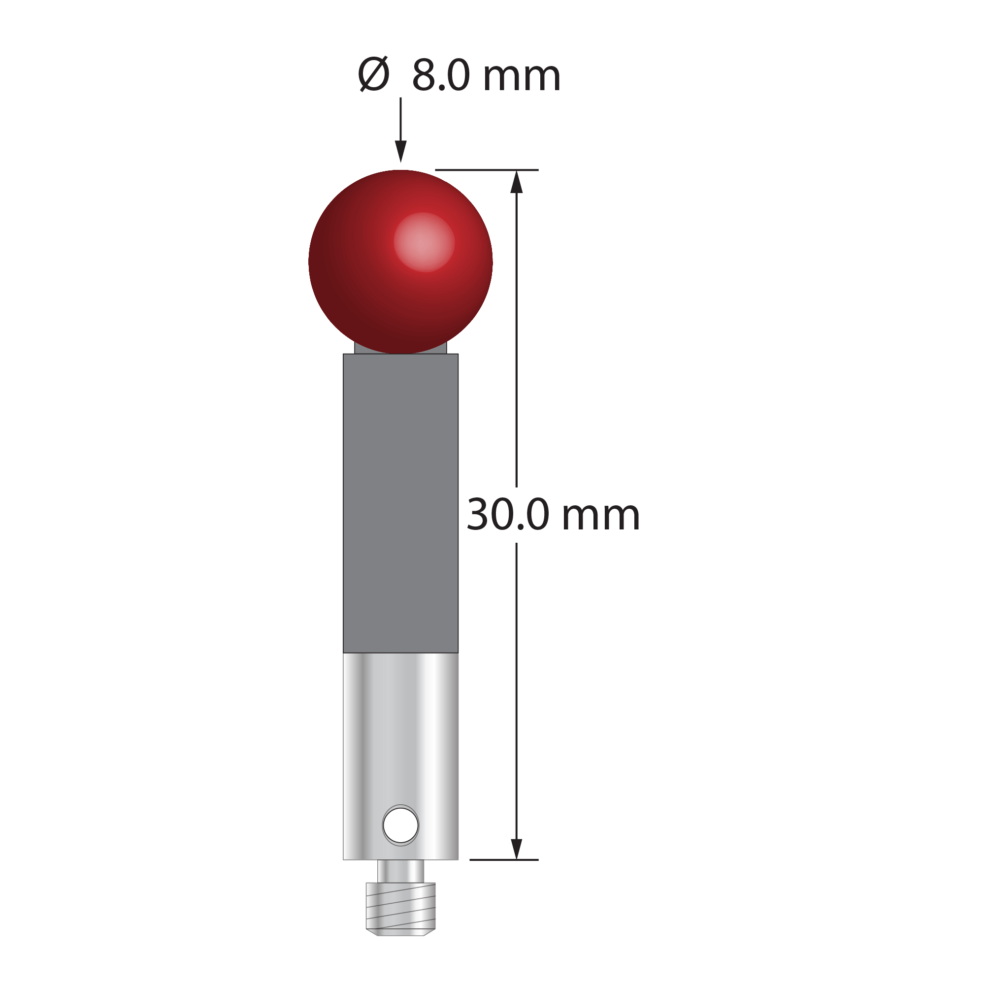 M3 stylus with 8.0 mm diameter ruby ball, 5.0 mm diameter carbon fiber stem, and 5.0 mm diameter x 9.0 mm long titanium base. Overall stylus length is 30.0 mm. Stylus weight is 1.74 grams. Compare to Zeiss 626103-0800-030 and Renishaw A-5555-3866.