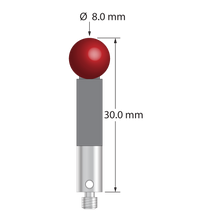 M3 stylus with 8.0 mm diameter ruby ball, 5.0 mm diameter carbon fiber stem, and 5.0 mm diameter x 9.0 mm long titanium base. Overall stylus length is 30.0 mm. Stylus weight is 1.74 grams. Compare to Zeiss 626103-0800-030 and Renishaw A-5555-3866.