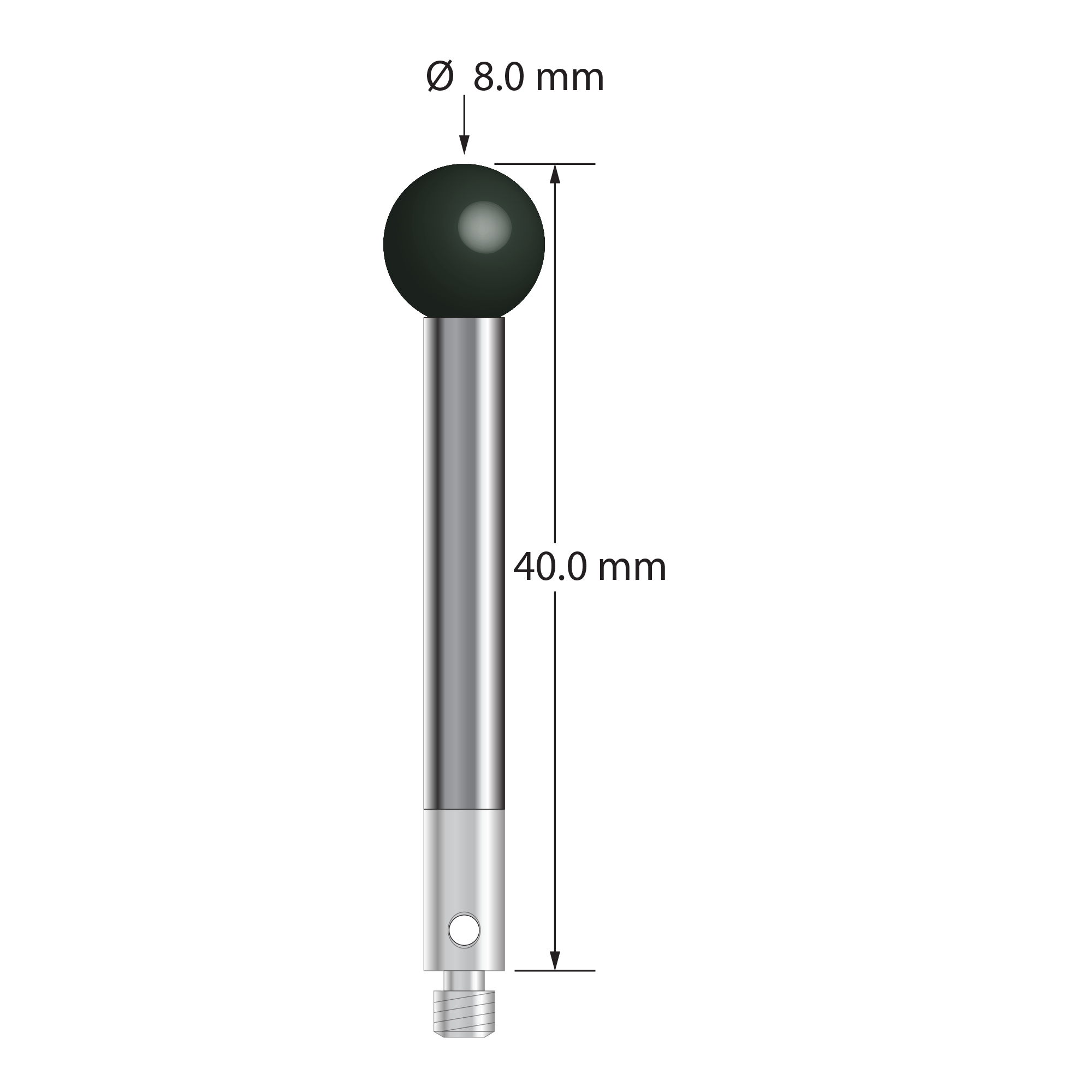 M3 stylus with 8.0 mm diameter silicon nitride ball, 4.0 mm diameter carbide stem, and 4.0 mm diameter x 8.0 mm long stainless steel base. Overall stylus length is 40.0 mm. Stylus weight is 7.29 grams.