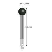 M3 stylus with 8.0 mm diameter silicon nitride ball, 4.0 mm diameter carbide stem, and 4.0 mm diameter x 8.0 mm long stainless steel base. Overall stylus length is 40.0 mm. Stylus weight is 7.29 grams.