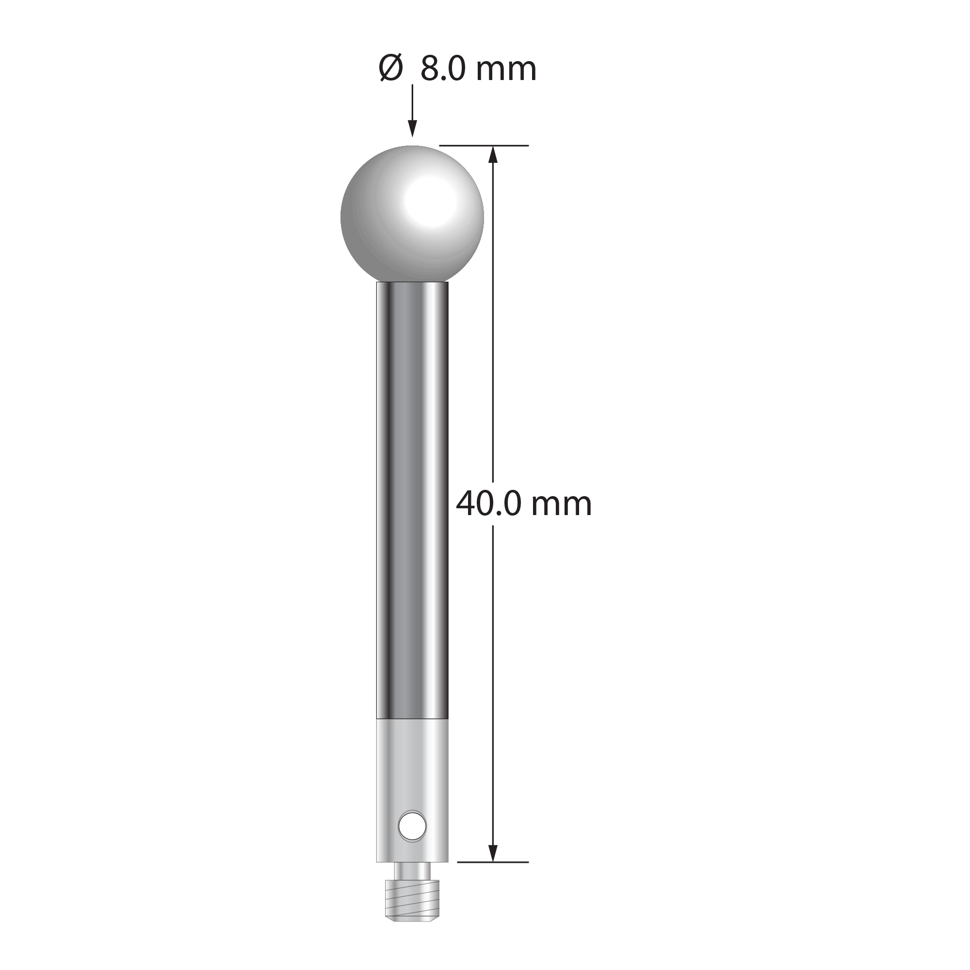 M3 stylus with 8.0 mm diameter zirconia ball, 4.0 mm diameter carbide stem, and 4.0 mm diameter x 8.0 mm long stainless steel base. Overall stylus length is 40.0 mm. Stylus weight is 7.29 grams.