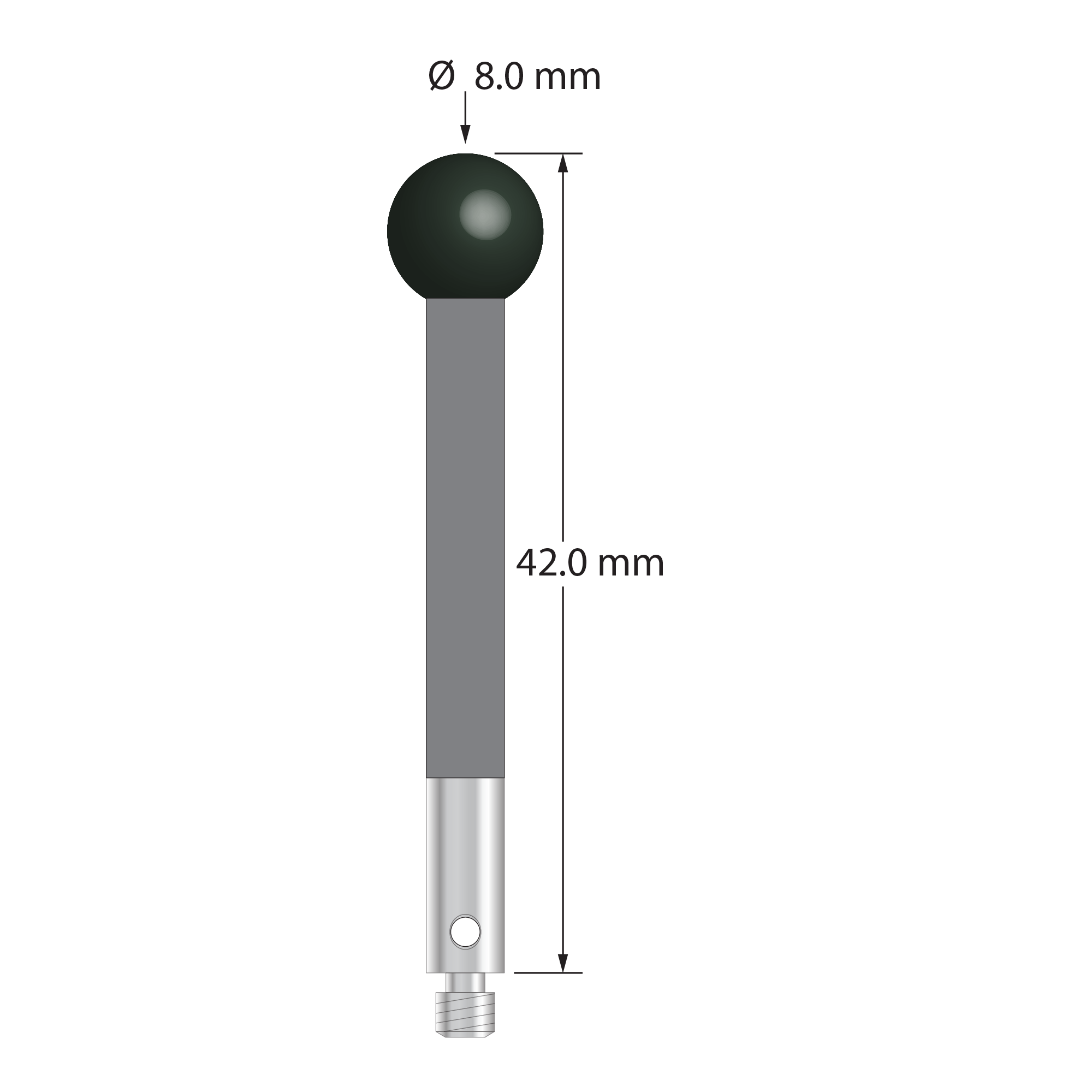 M3 stylus with 8.0 mm diameter silicon nitride ball, 4.0 mm diameter carbon fiber stem, and 4.0 mm diameter x 10.0 mm long stainless steel base. Overall stylus length is 42.0 mm. Stylus weight is 1.82 grams.